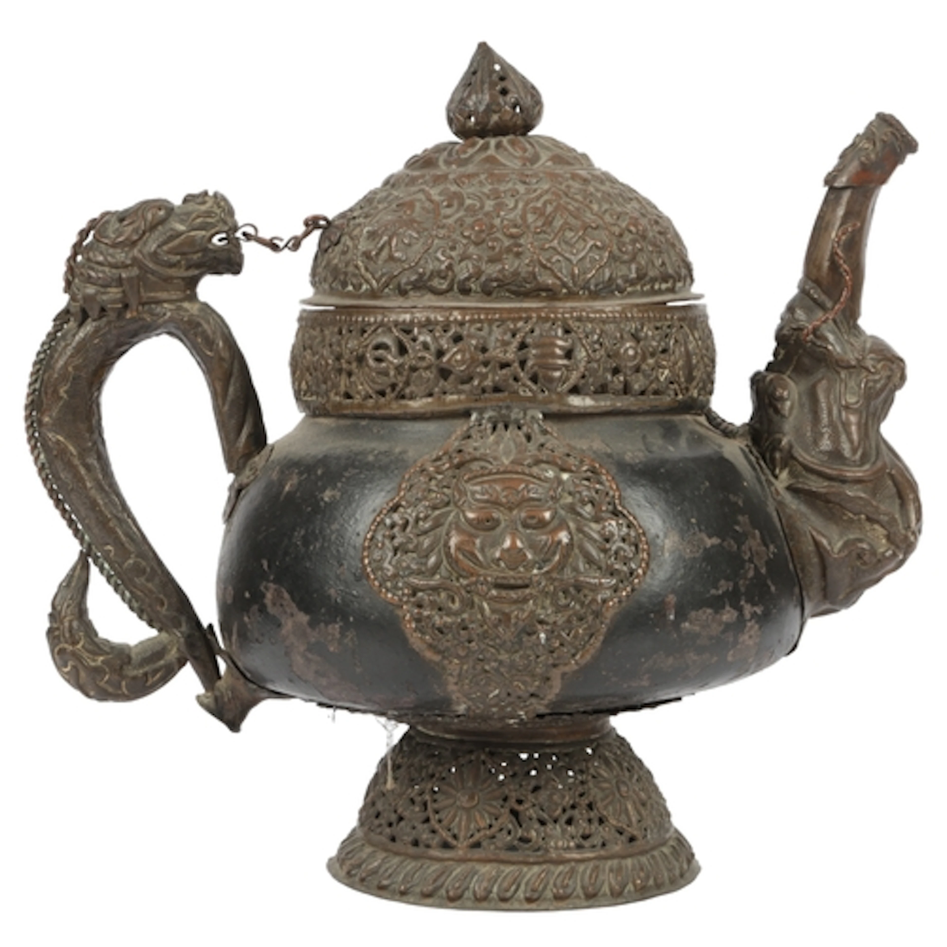 An unusual Himalayan steatite bodied, copper repoussé mounte...