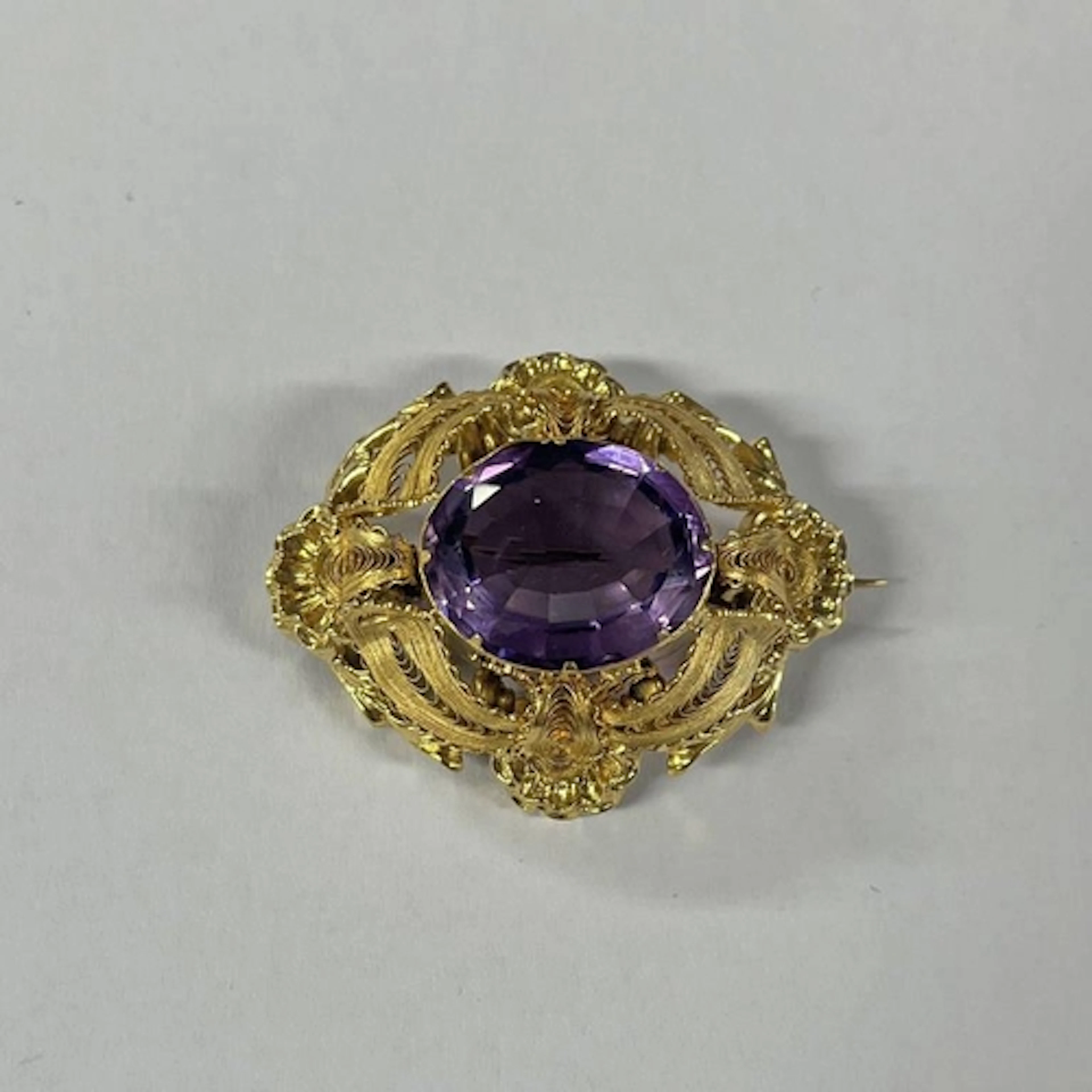 19TH CENTURY GOLD AMETHYST SET FILIGREE QUATREFOIL DESIGN BR...
