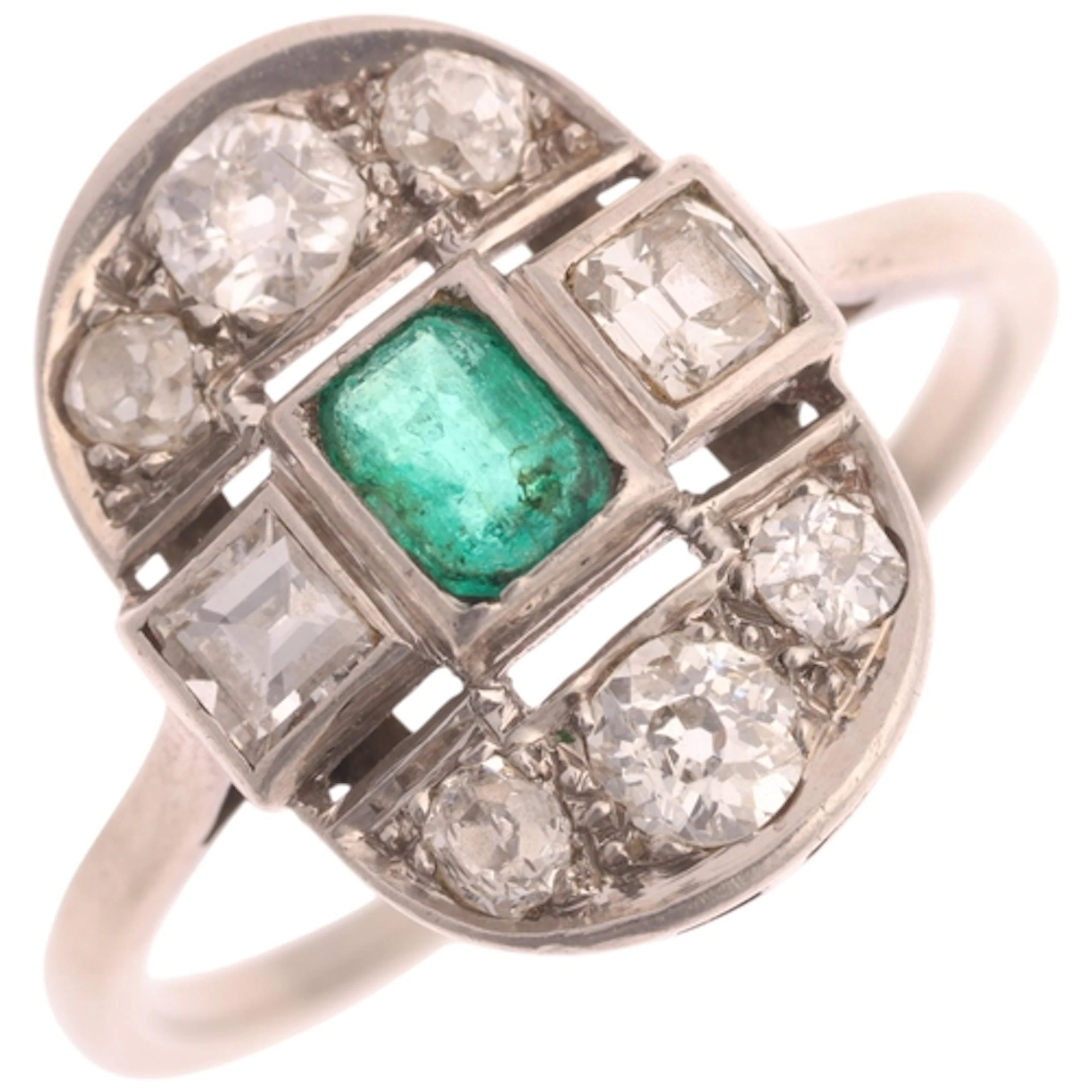An Art Deco emerald and diamond cluster ring, the oval openw...