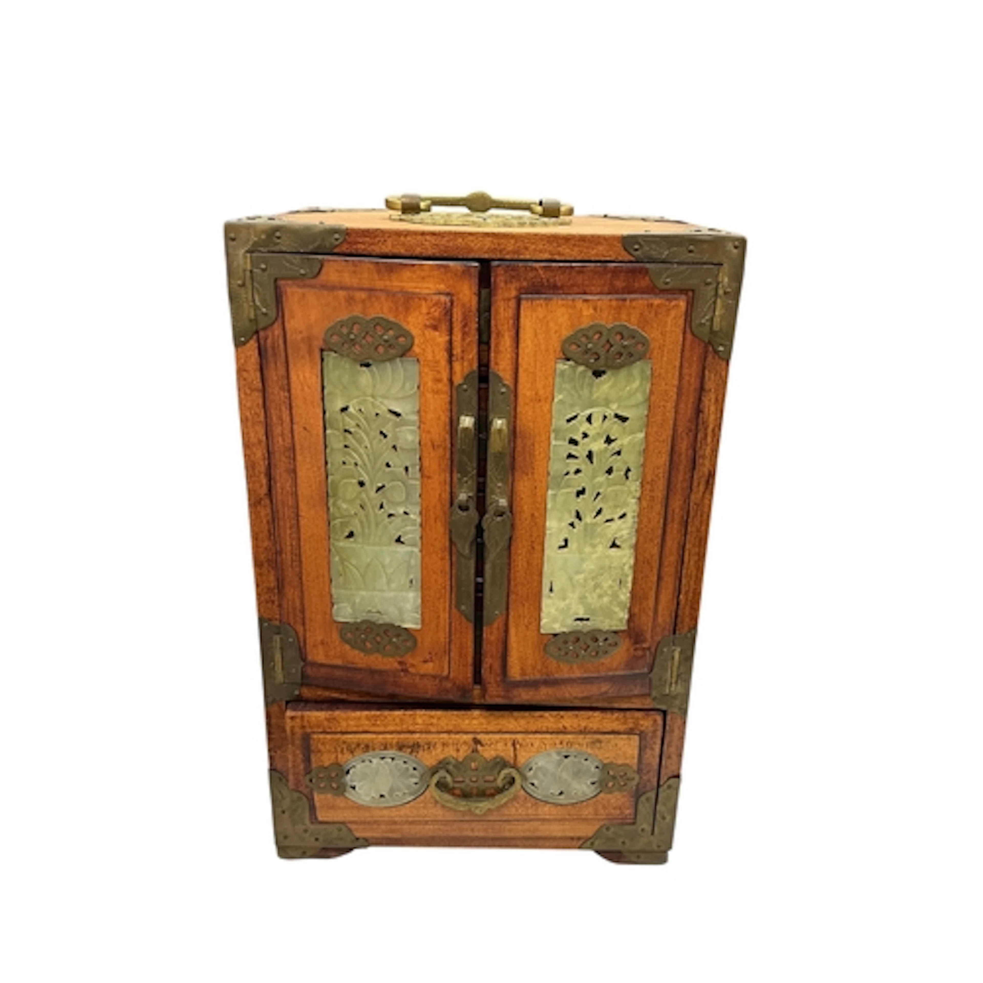 A Chinese table cabinet fitted with drawers, inset bowenite ...