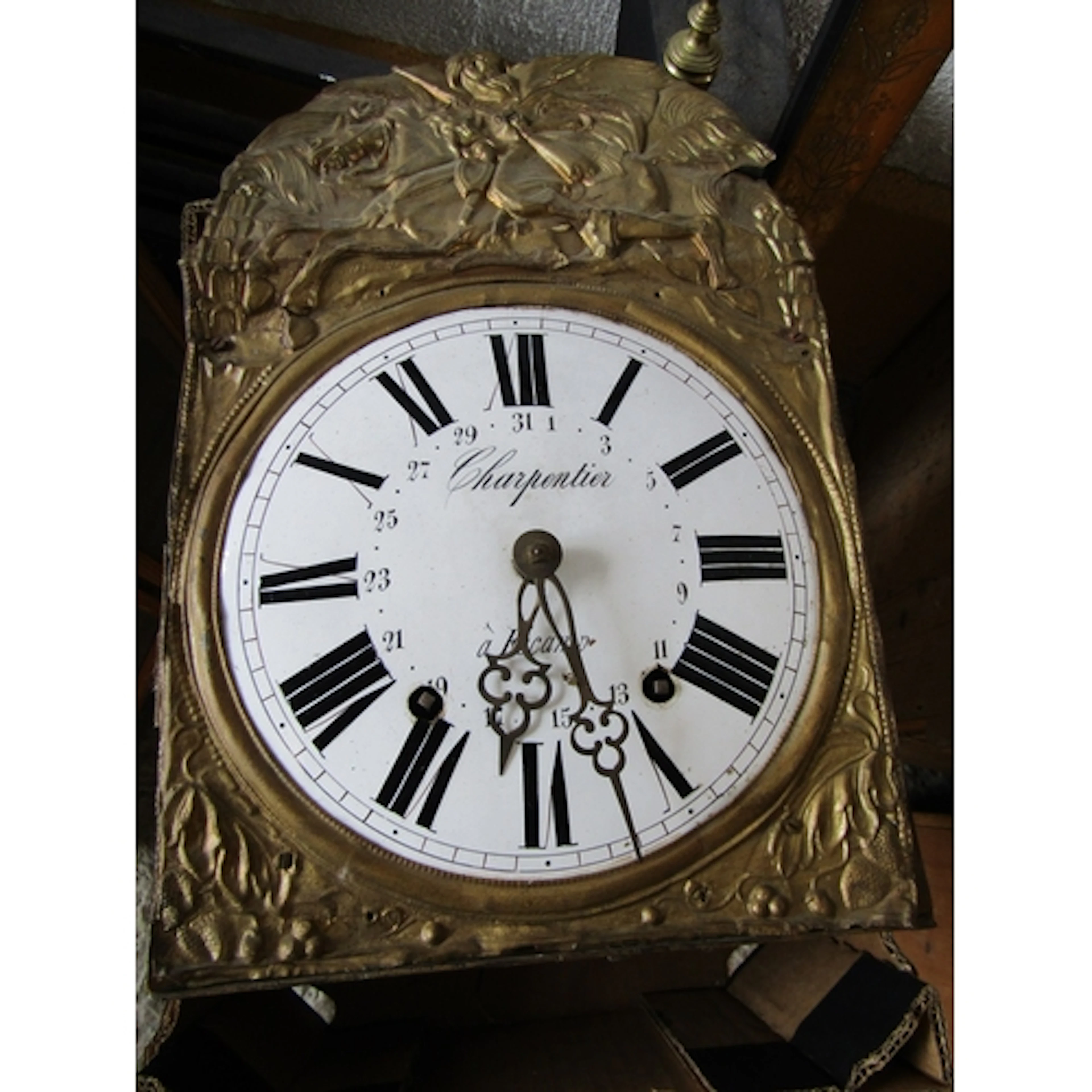 French Embossed Brass Roman Numeral Decorated Wall Clock wit...