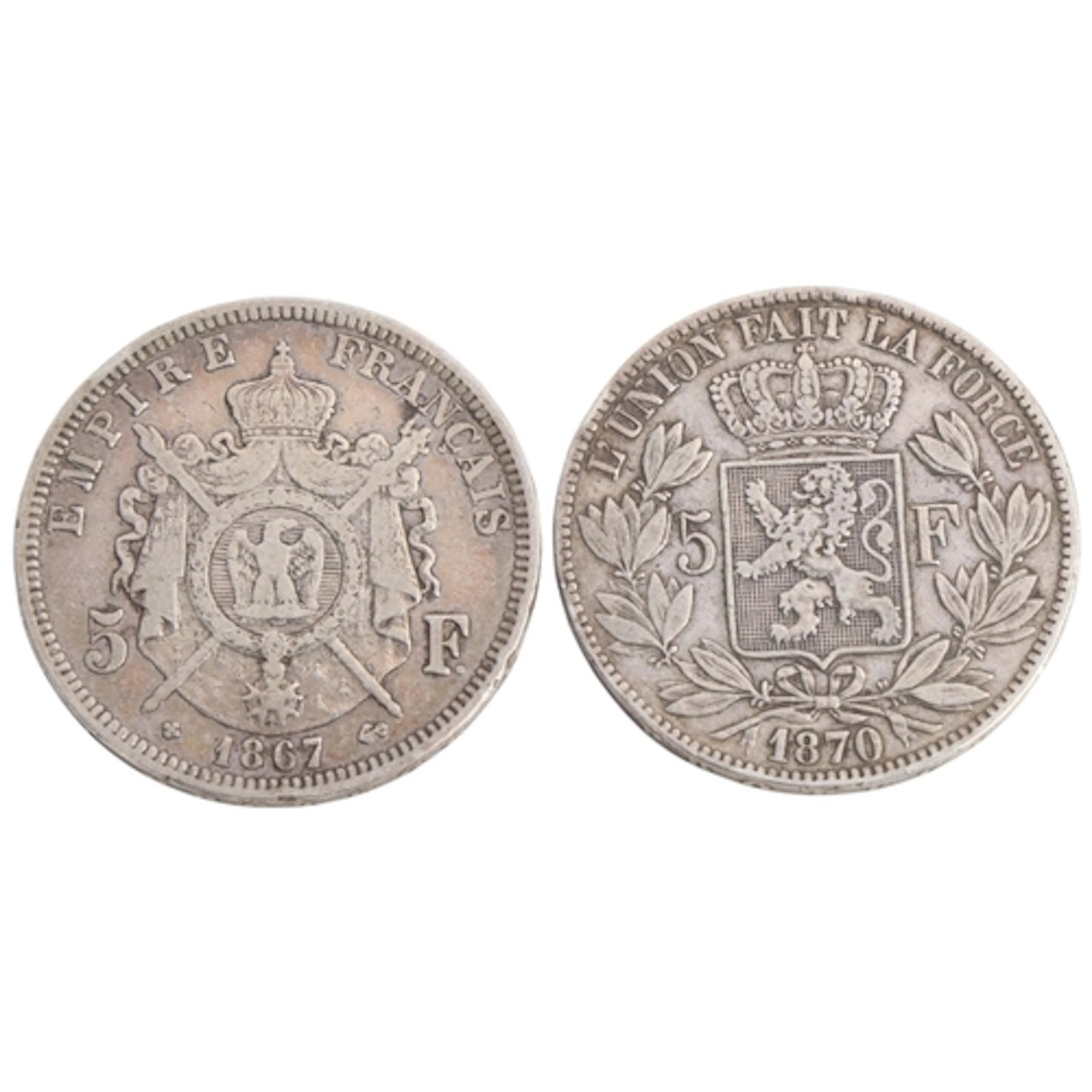 Two silver 5 French Franc coins 1867 & 1870, diameter 38mm, ...