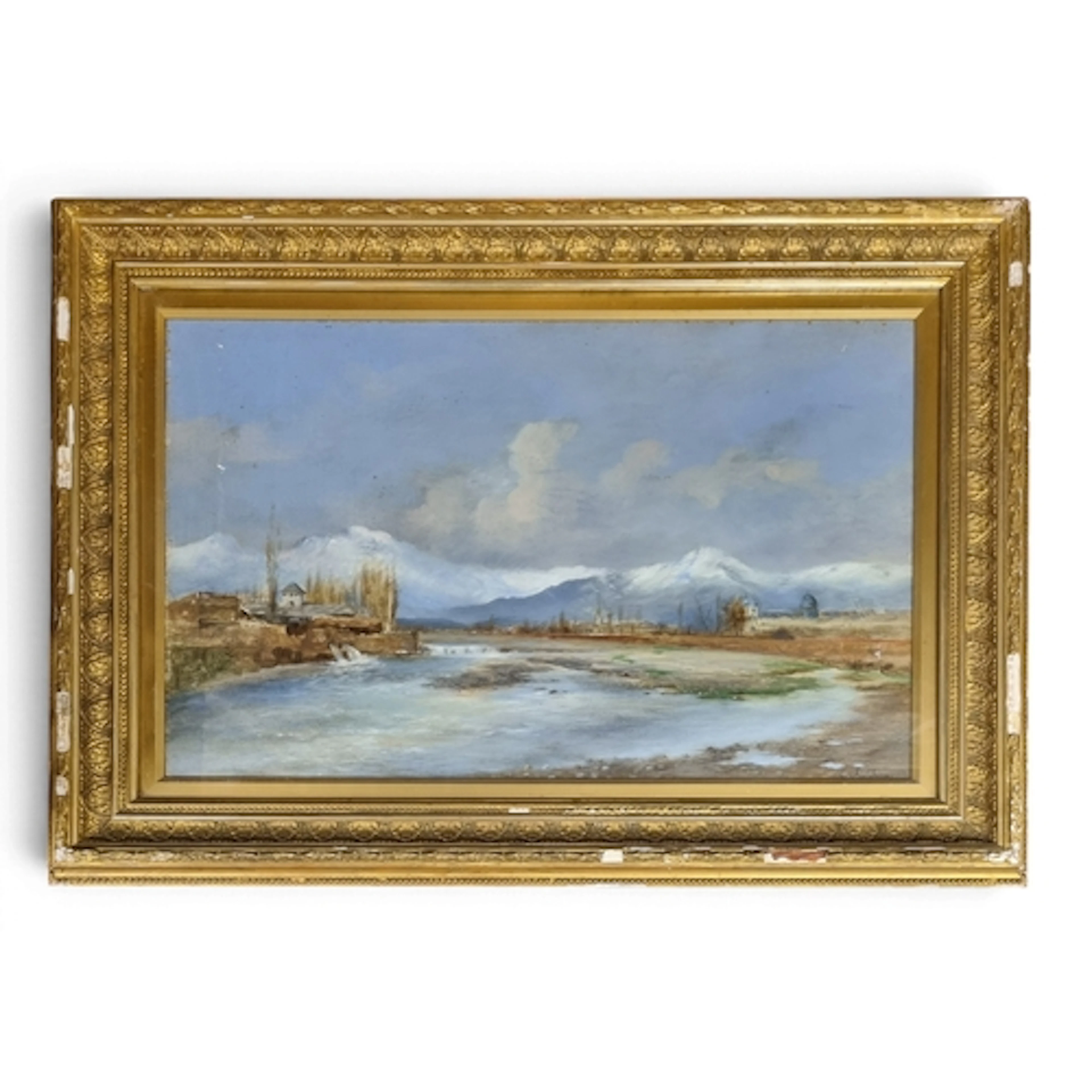 A 20th Century Pastel of a river scene with snowy mountains ...