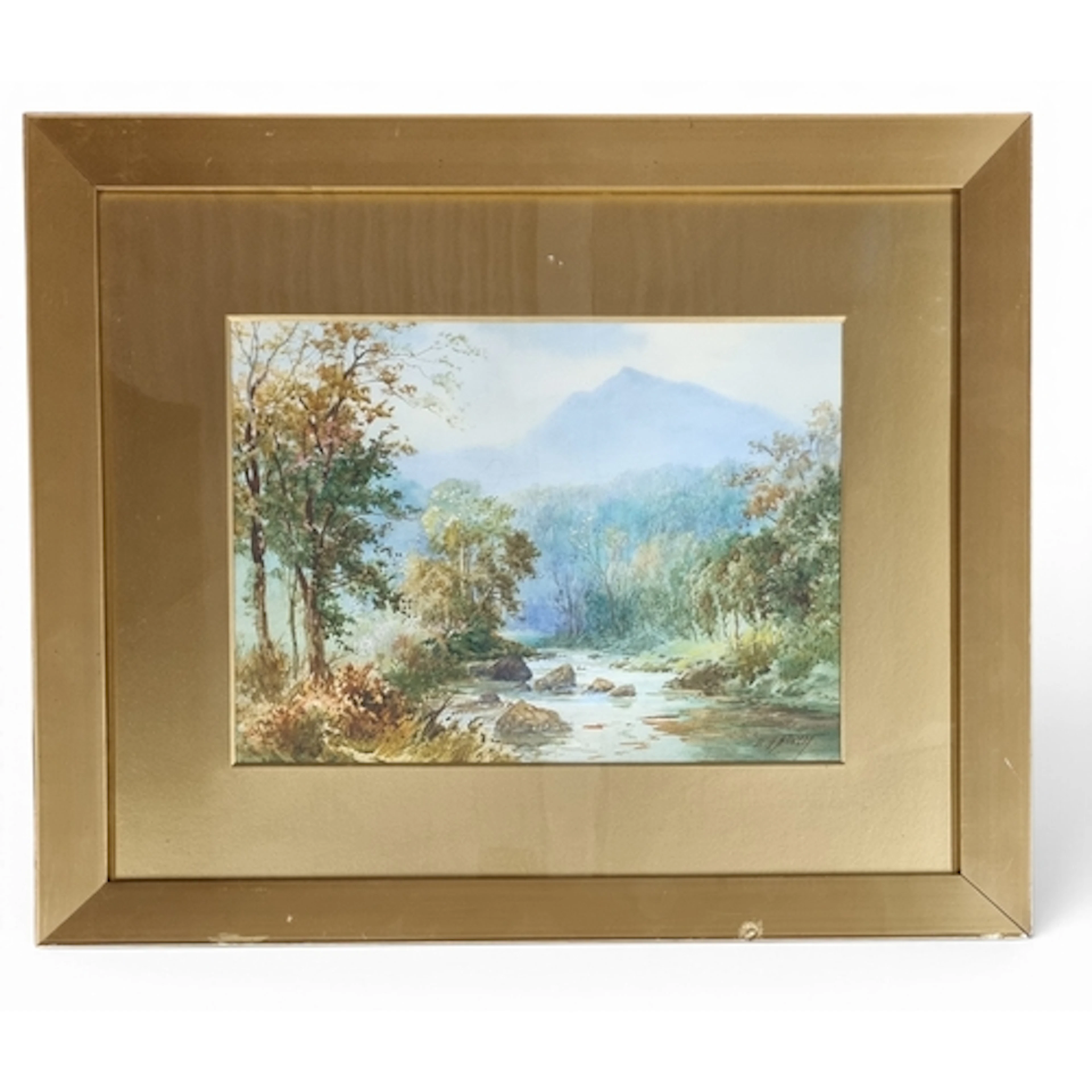 A 20th Century Watercolour of a River scene and Mountains in...