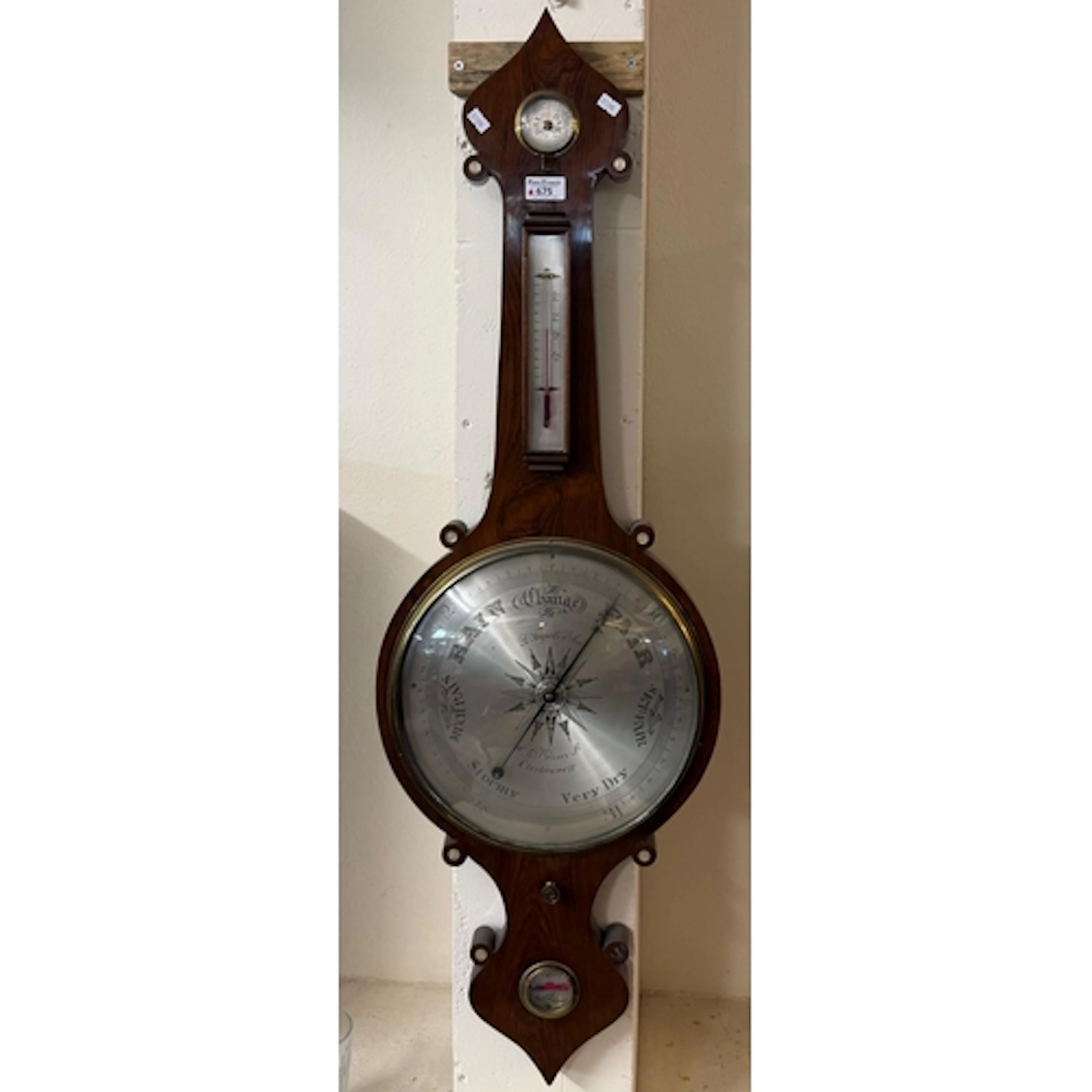19th century rosewood wheel barometer, the silvered face mar...