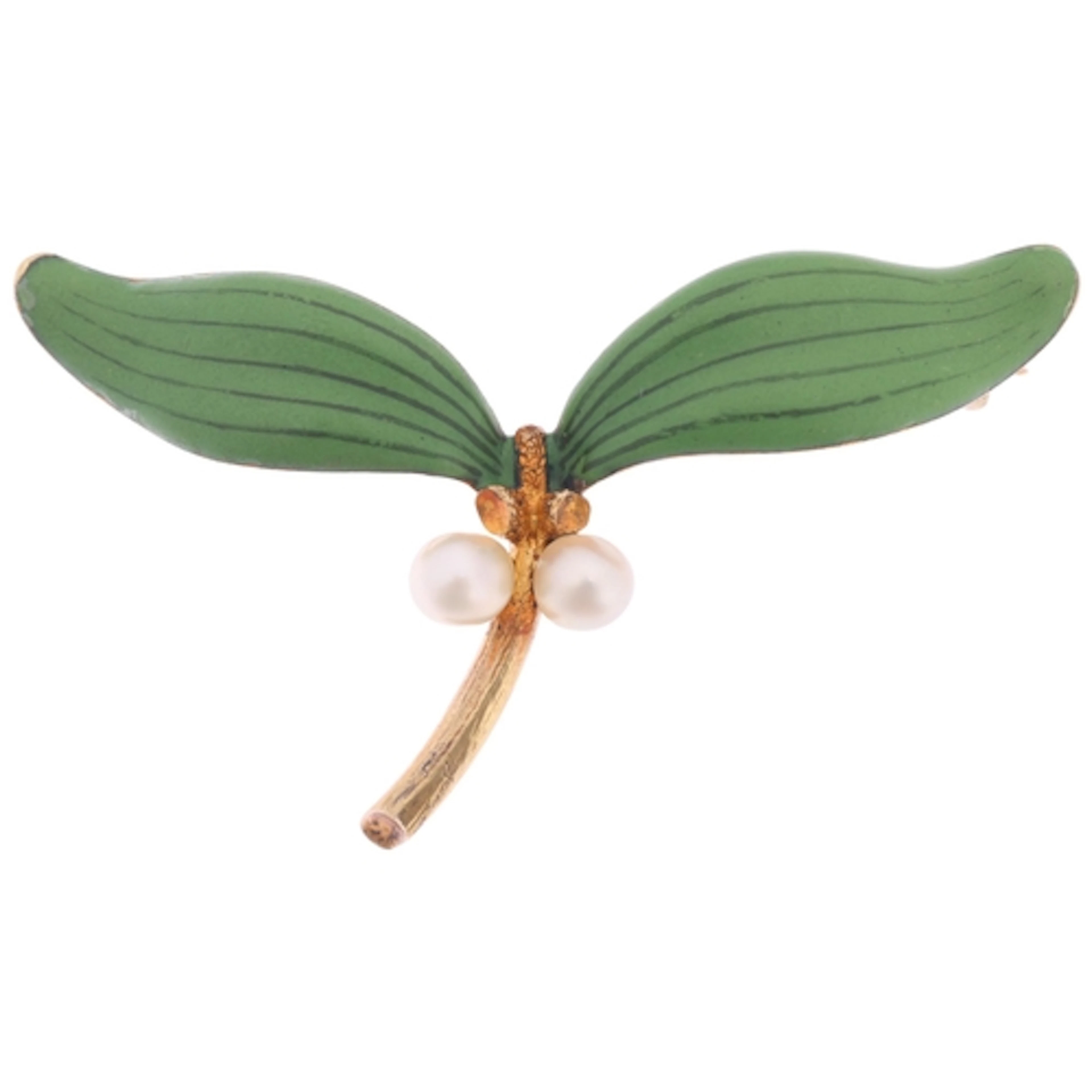 An Antique Victorian pearl enamel mistletoe brooch, realisti...