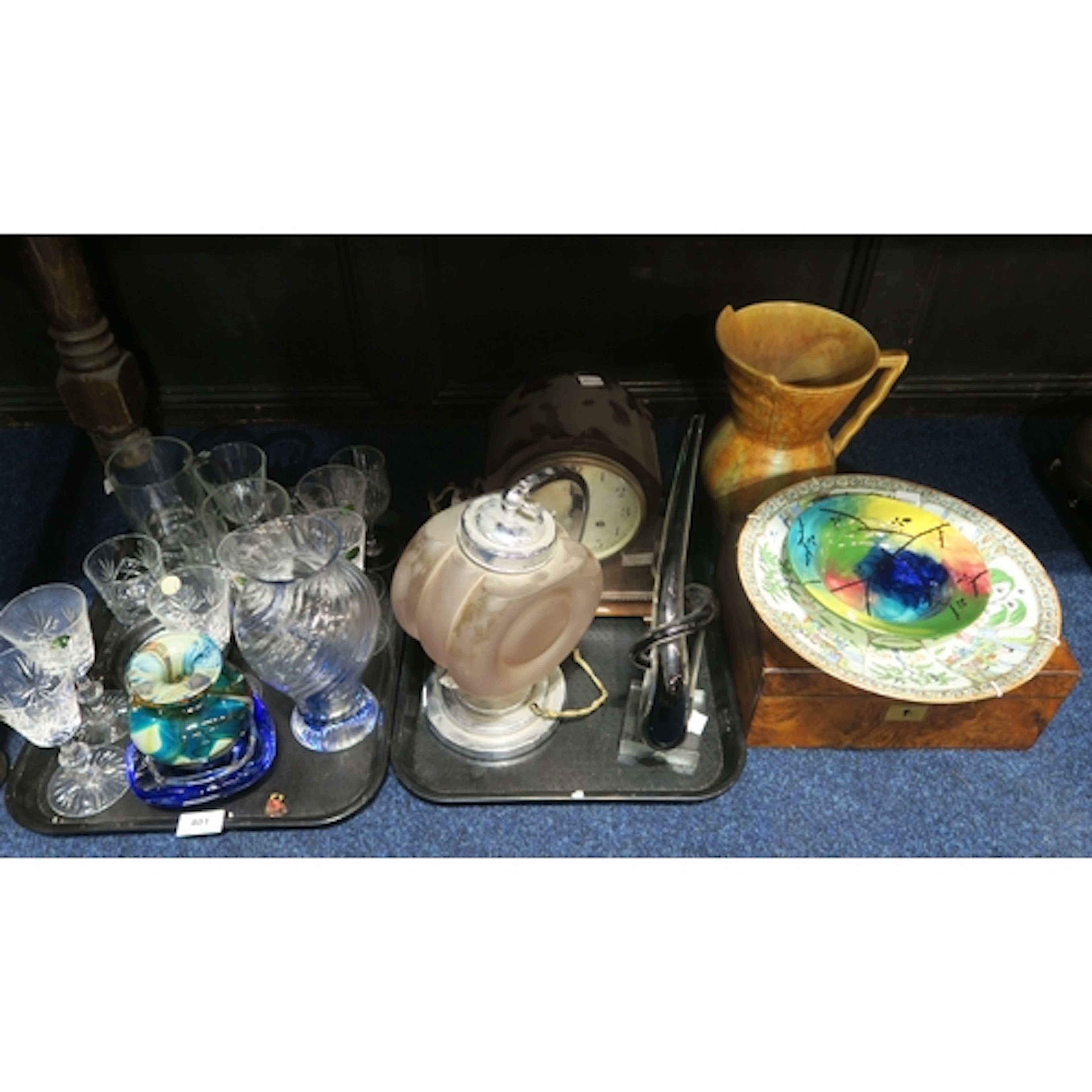An Art Deco table light, a mantle clock, a Wemyss Jazzy dish...