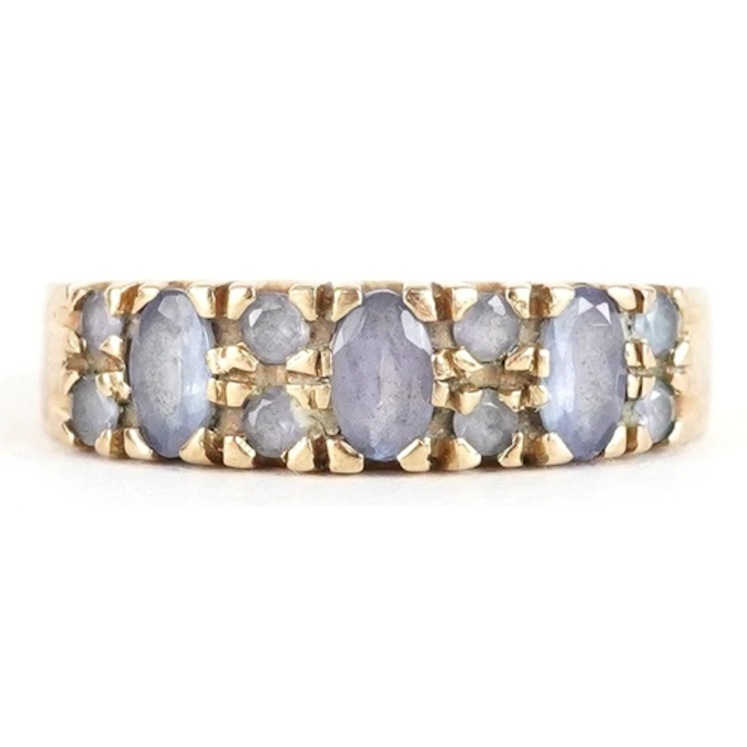 9ct gold purple and clear stone two row ring, size O/P, 2.8g...
