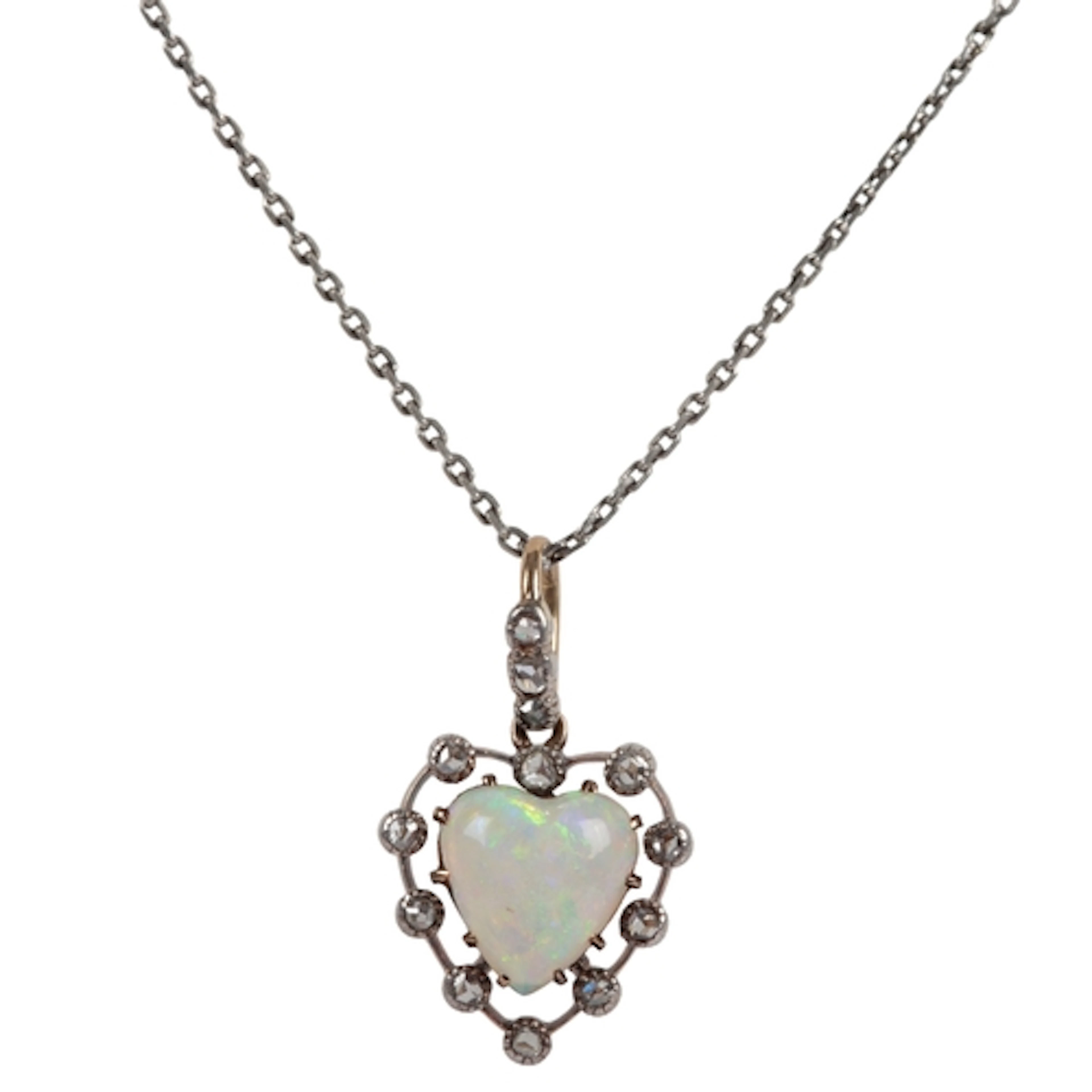 An opal and diamond pendant, early 20th century, claw-set wi...