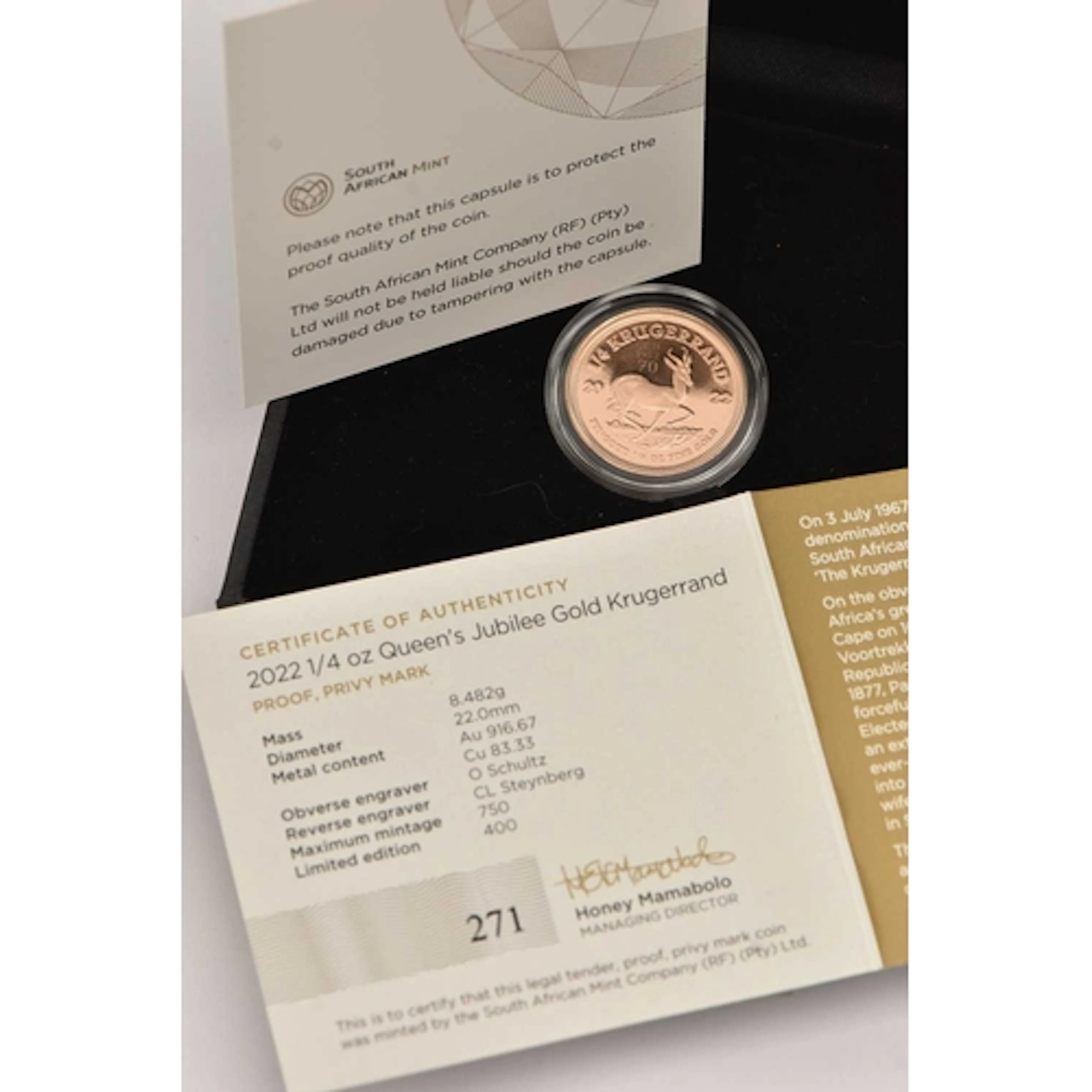 Gold. A South African Queen's Jubilee Proof Gold Quarter Kru...