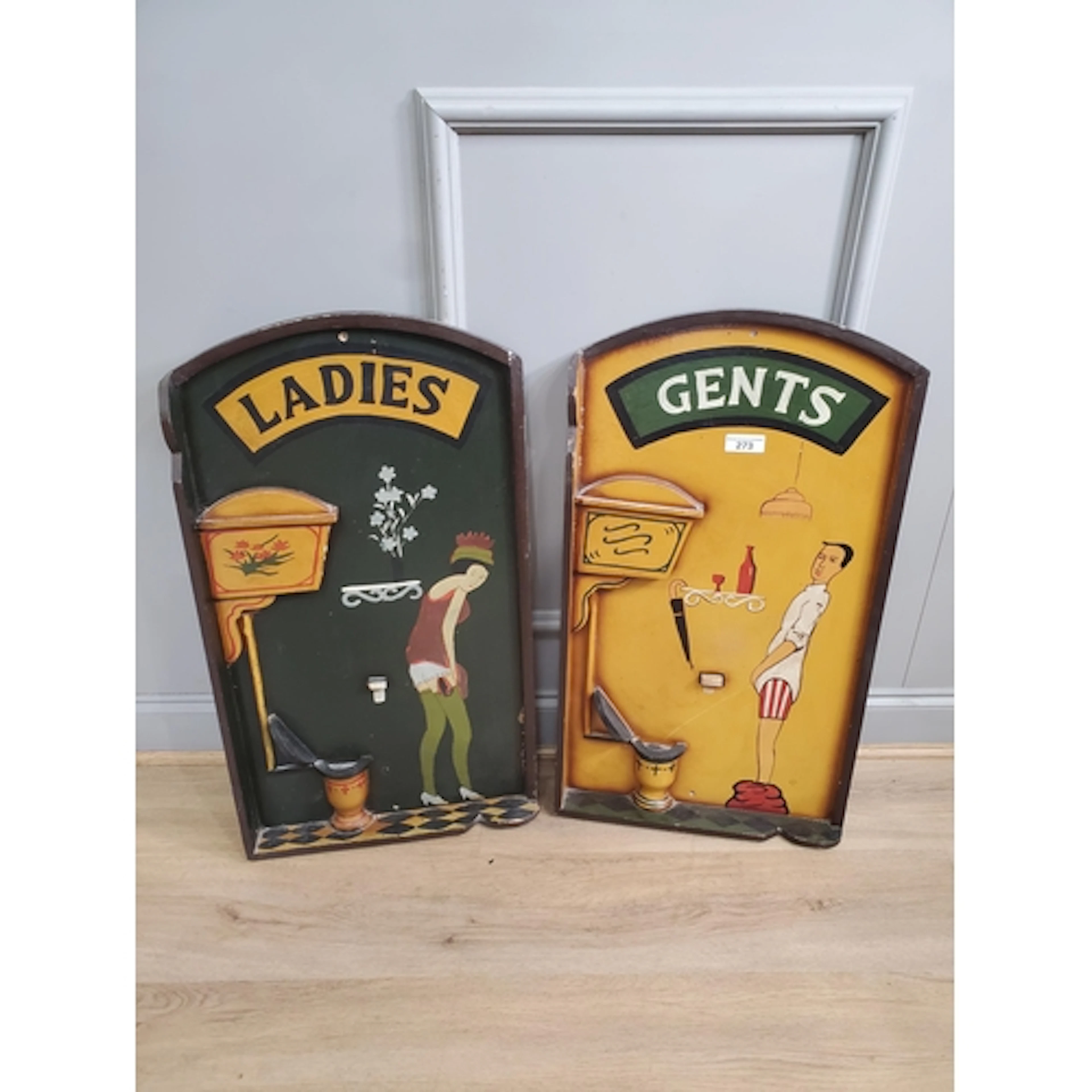 Two Art Deco style ladies and gents toilet signs, (R2).