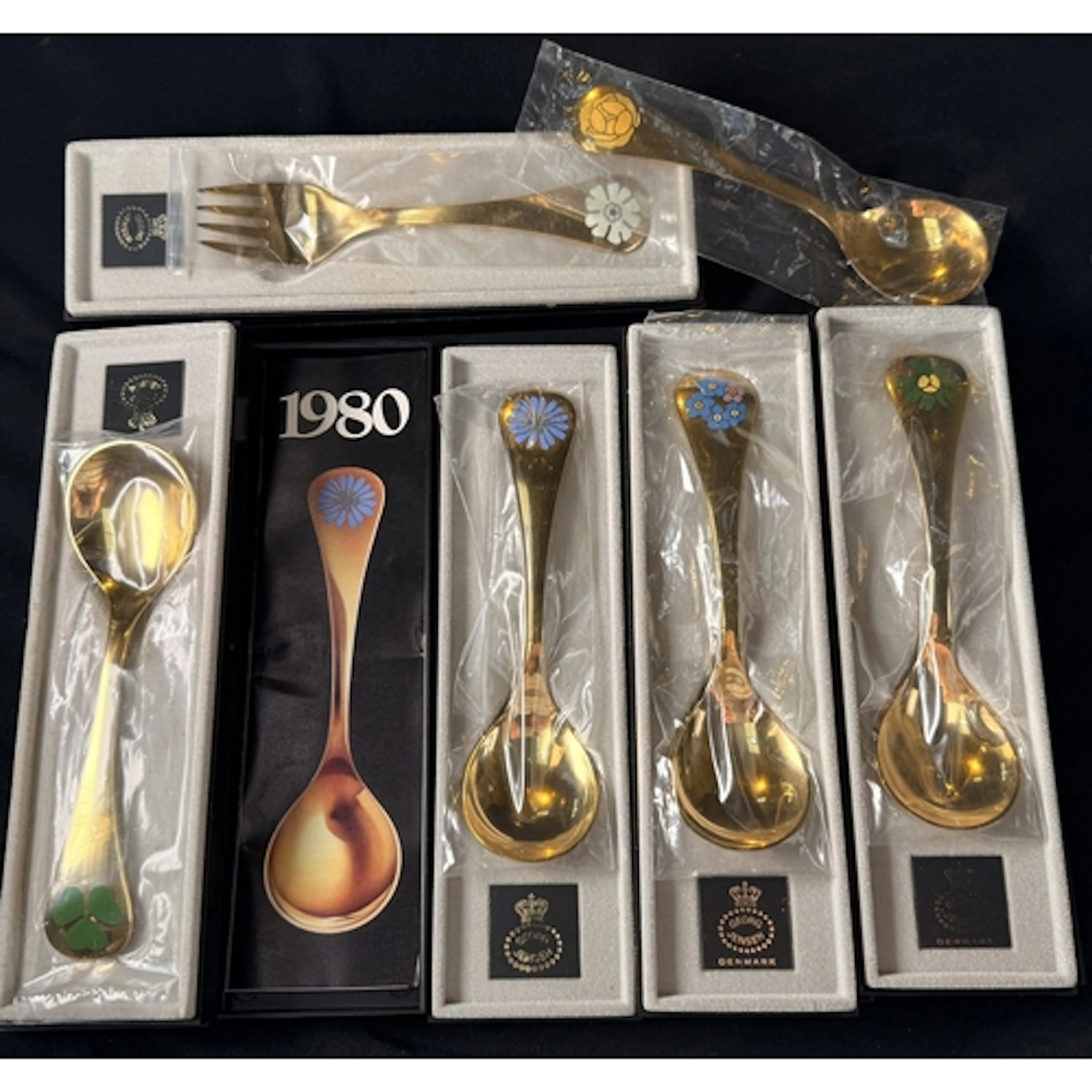 George Jensen: Six gold plated Sterling silver year spoons 1...