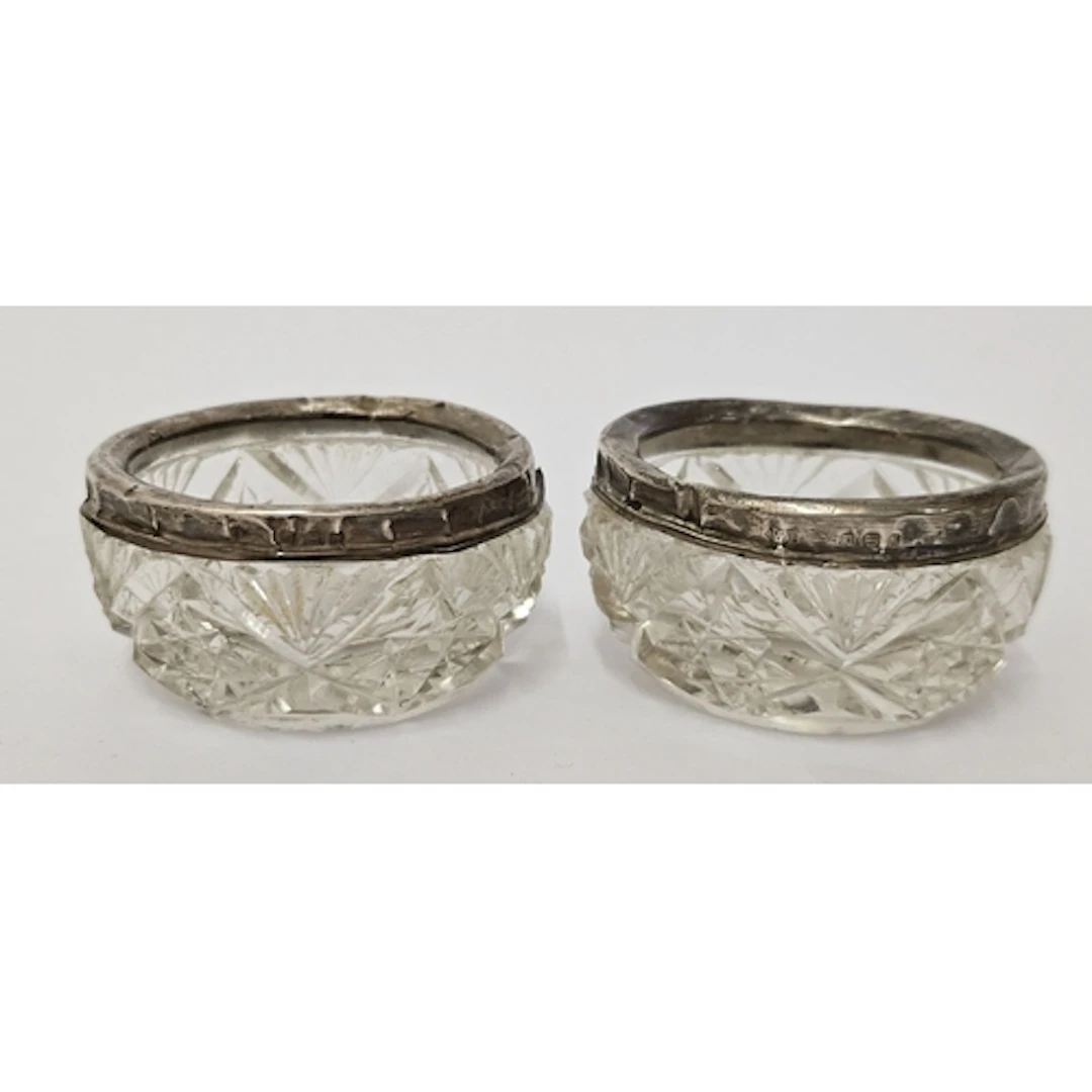 Pair Hob Star Cut Glass Salts with hallmarked silver lips, h...