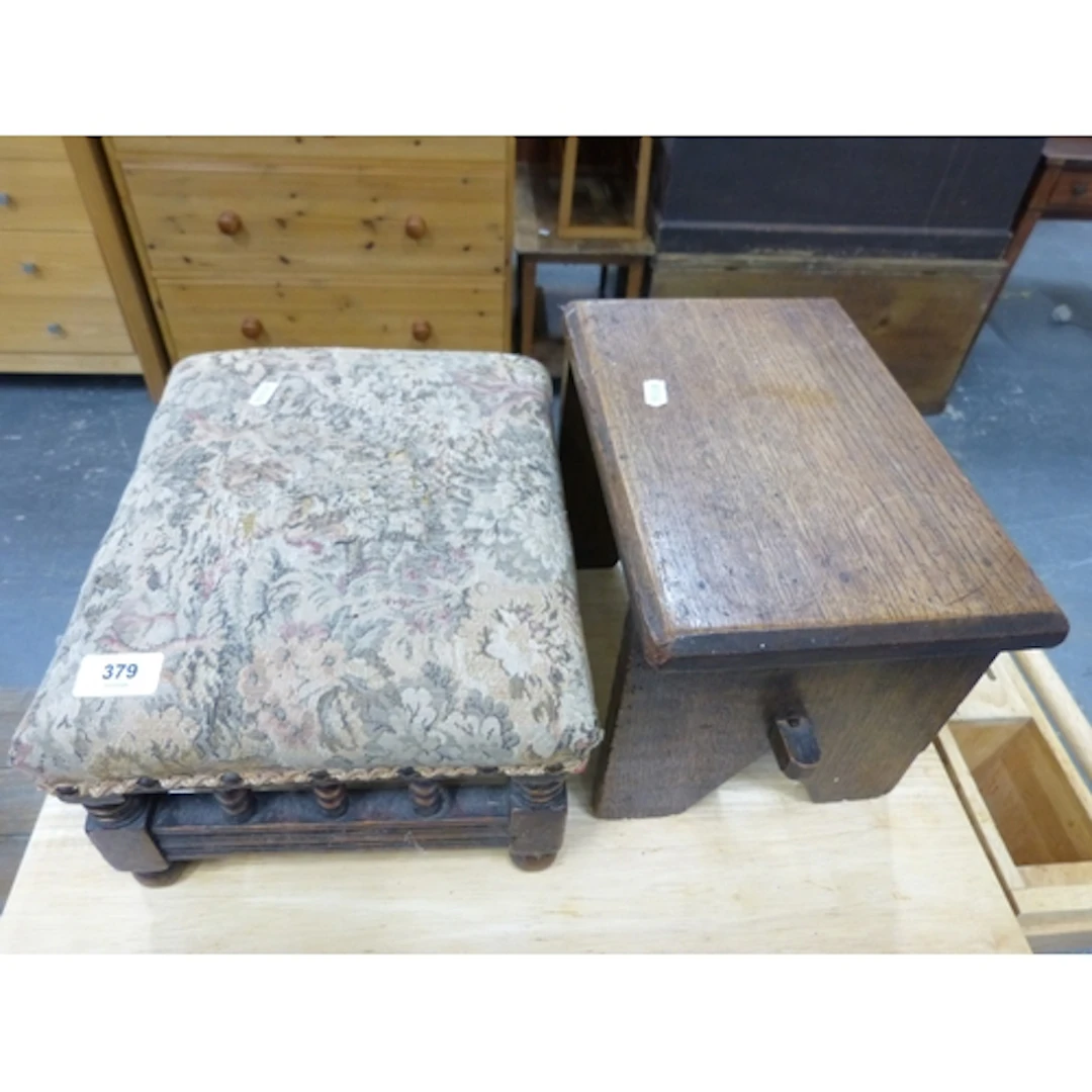 Vintage oak stool and another Edwardian. (2)