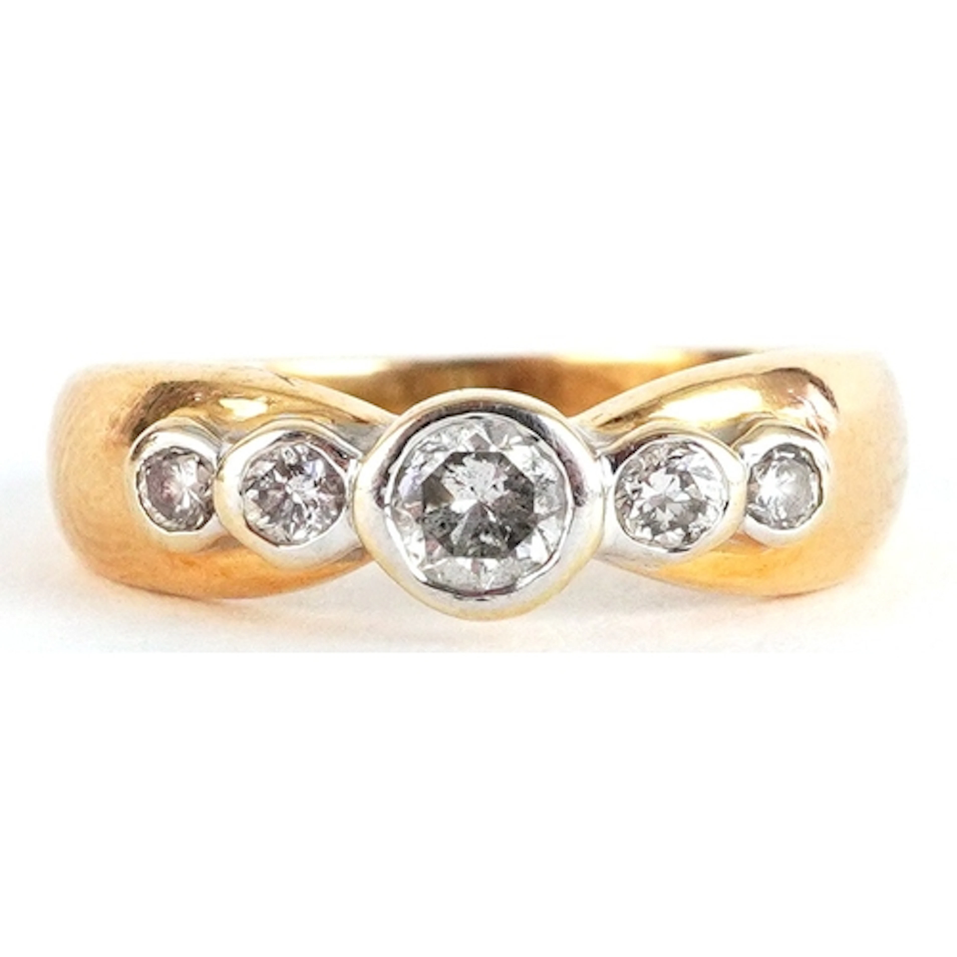 Unmarked high carat gold graduated diamond five stone ring, ...
