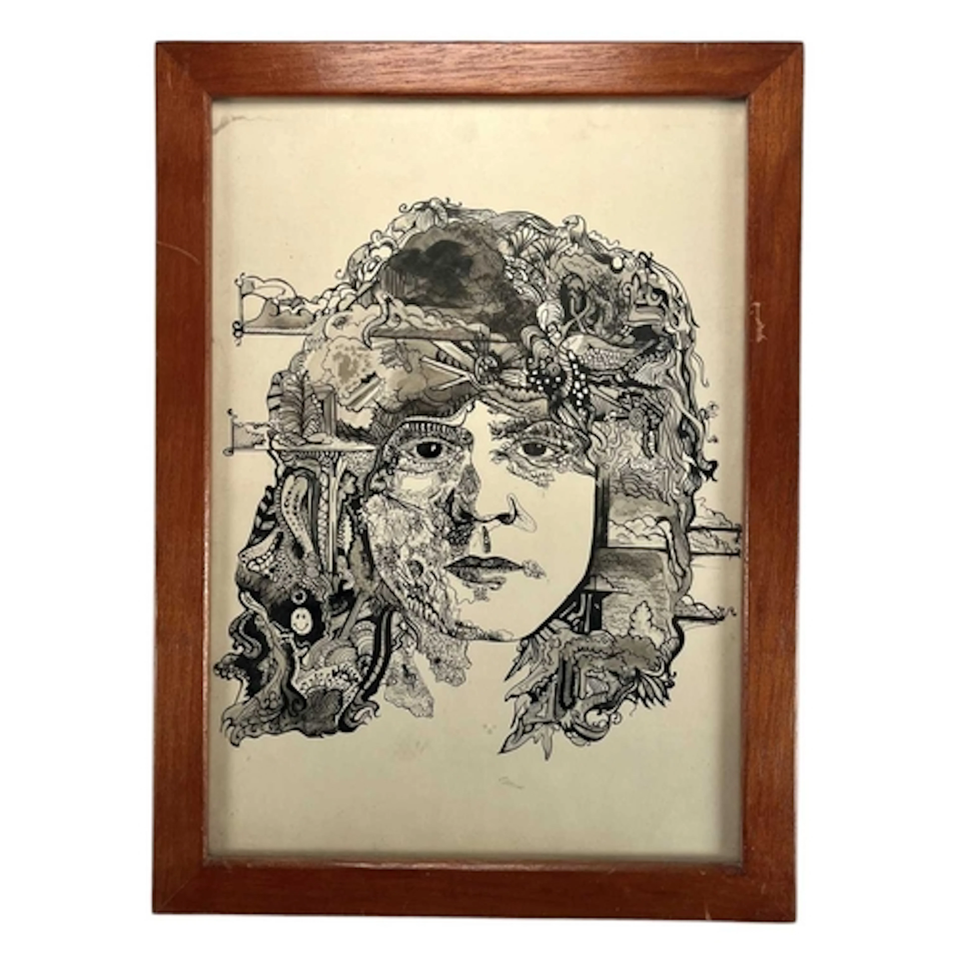 Marc Bolan - a framed pen-and-ink drawing of Marc Bolan that...