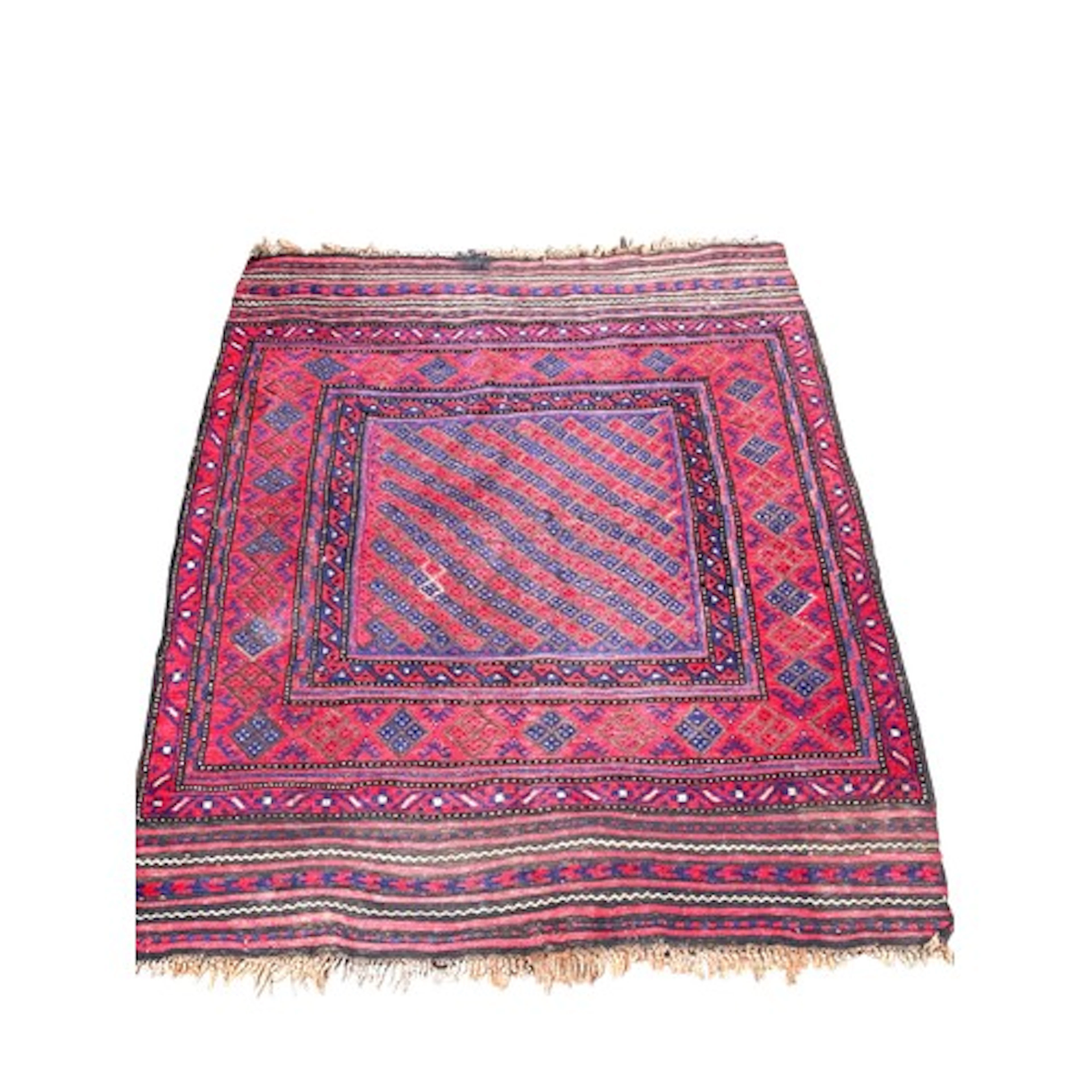Hand woven red ground rug, 137cm by 118cm.
