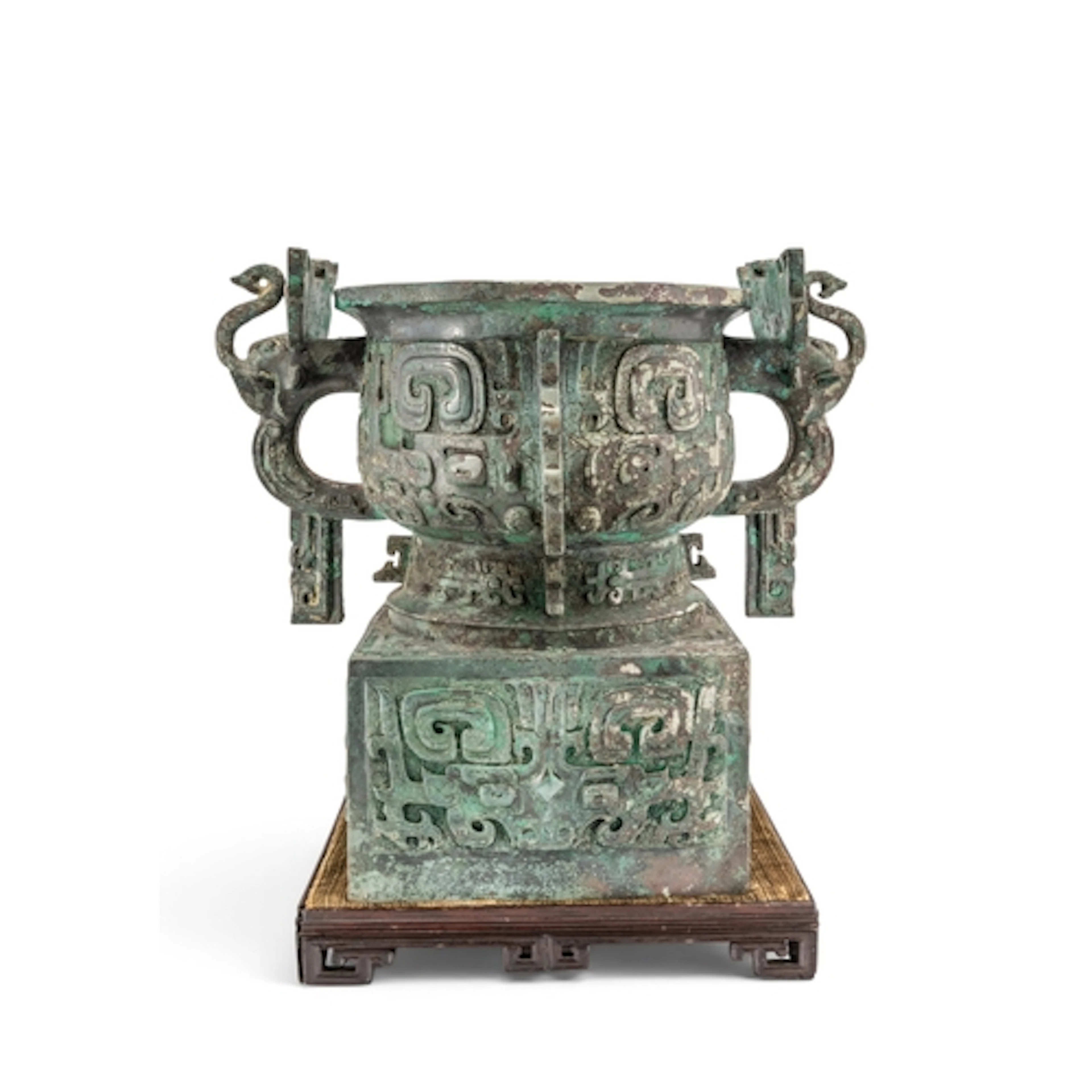 A CHINESE ARCHAISTIC BRONZE FOOD VESSEL, FANGZUOGUI QING DYN...