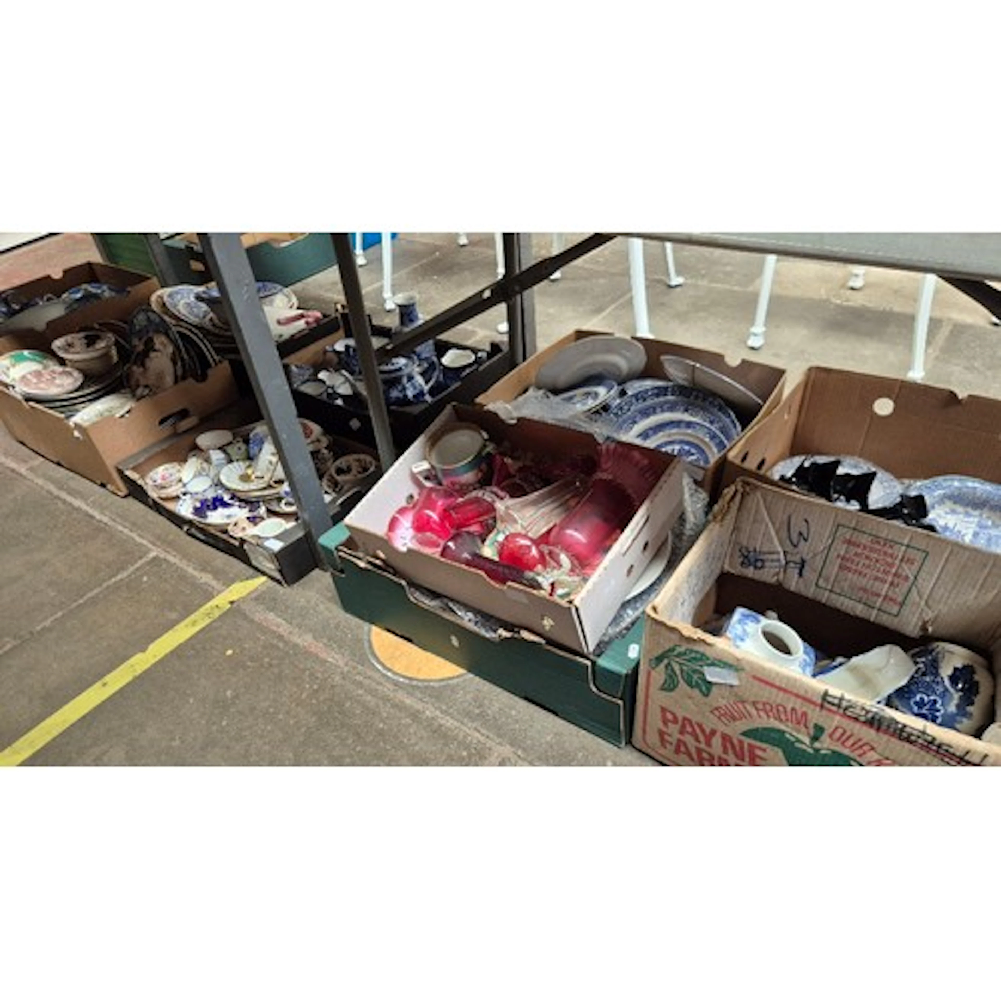Ten boxes of various ceramics and glass inc. blue and white ...