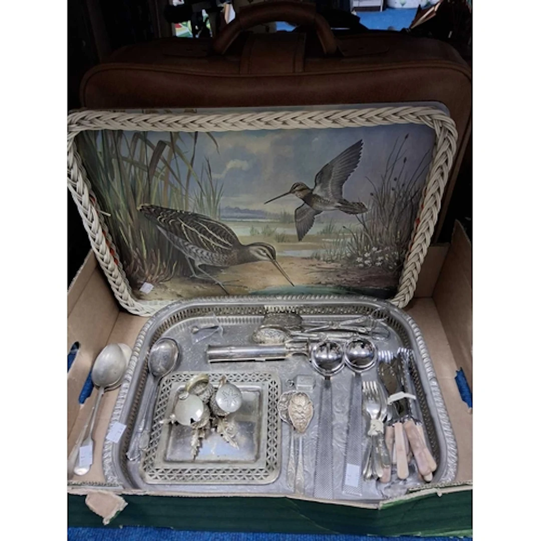 A BOX AND LOOSE METALWARE, SUITCASES, PICTURE, ETC, to inclu...