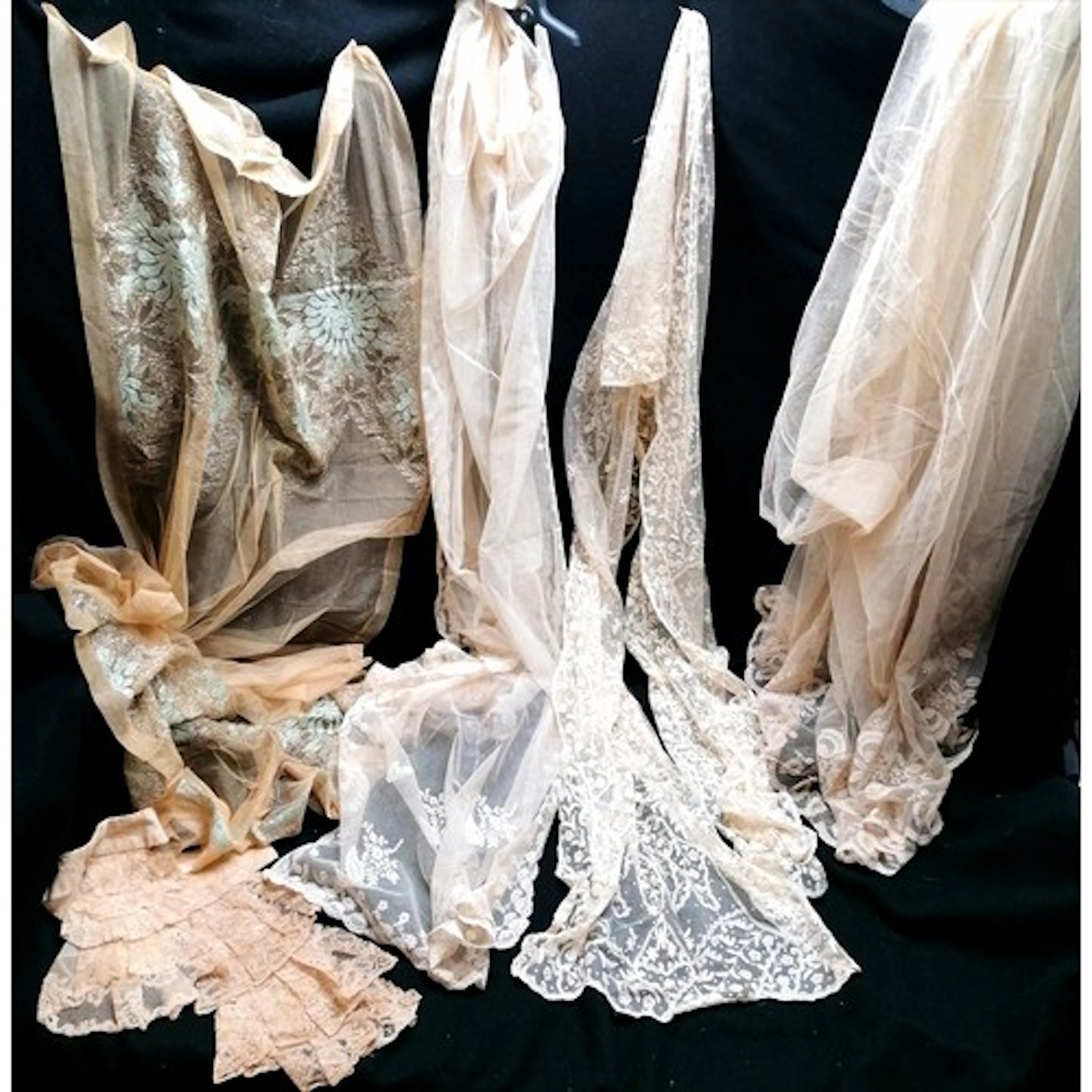 Quantity of antique lace inc a net scarf with silver and blu...