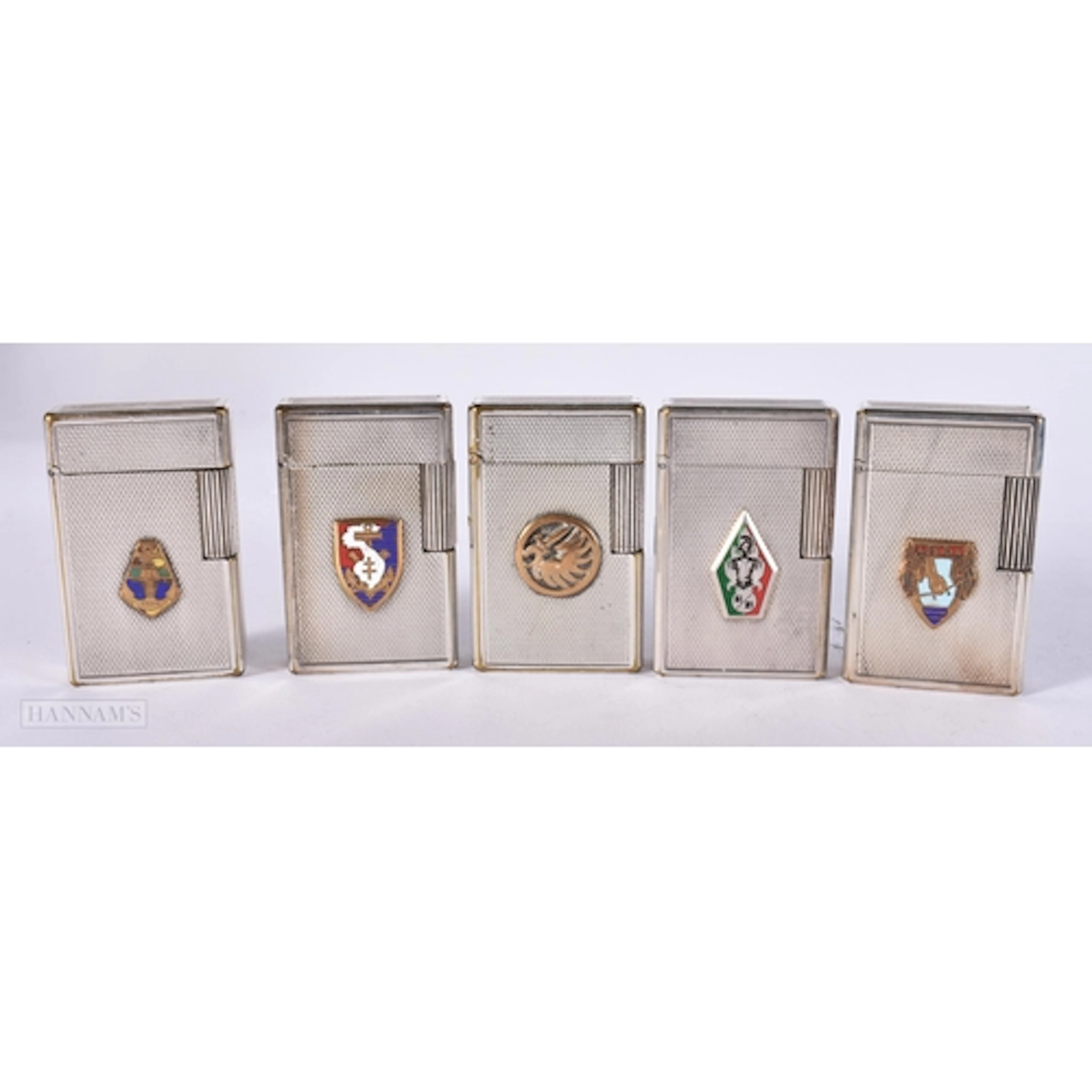 FIVE FRENCH DUPONT ENAMELLED DRAGO LIGHTERS. (5)