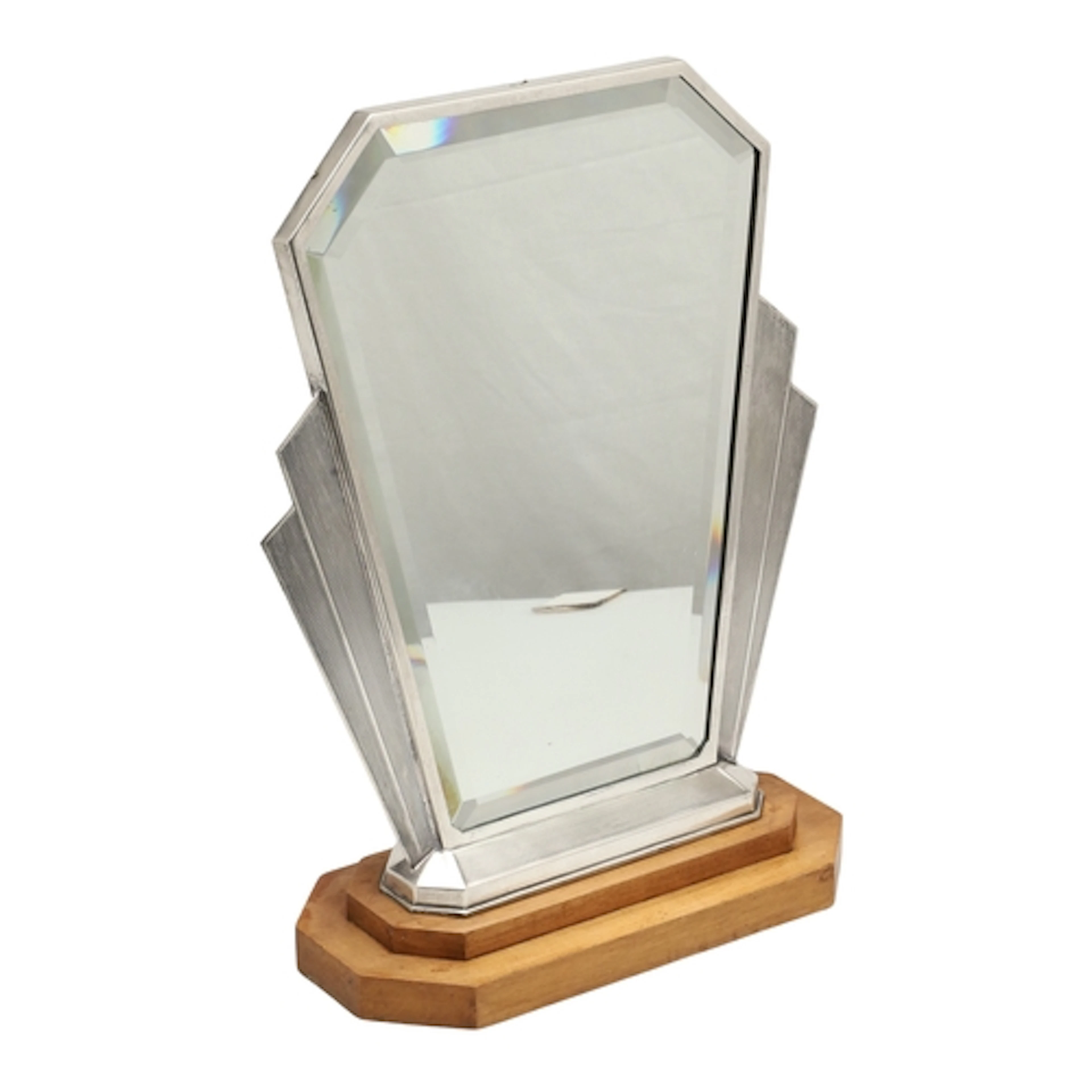 A GEORGE V SILVER ART DECO STYLE DRESSING TABLE MIRROR. With...