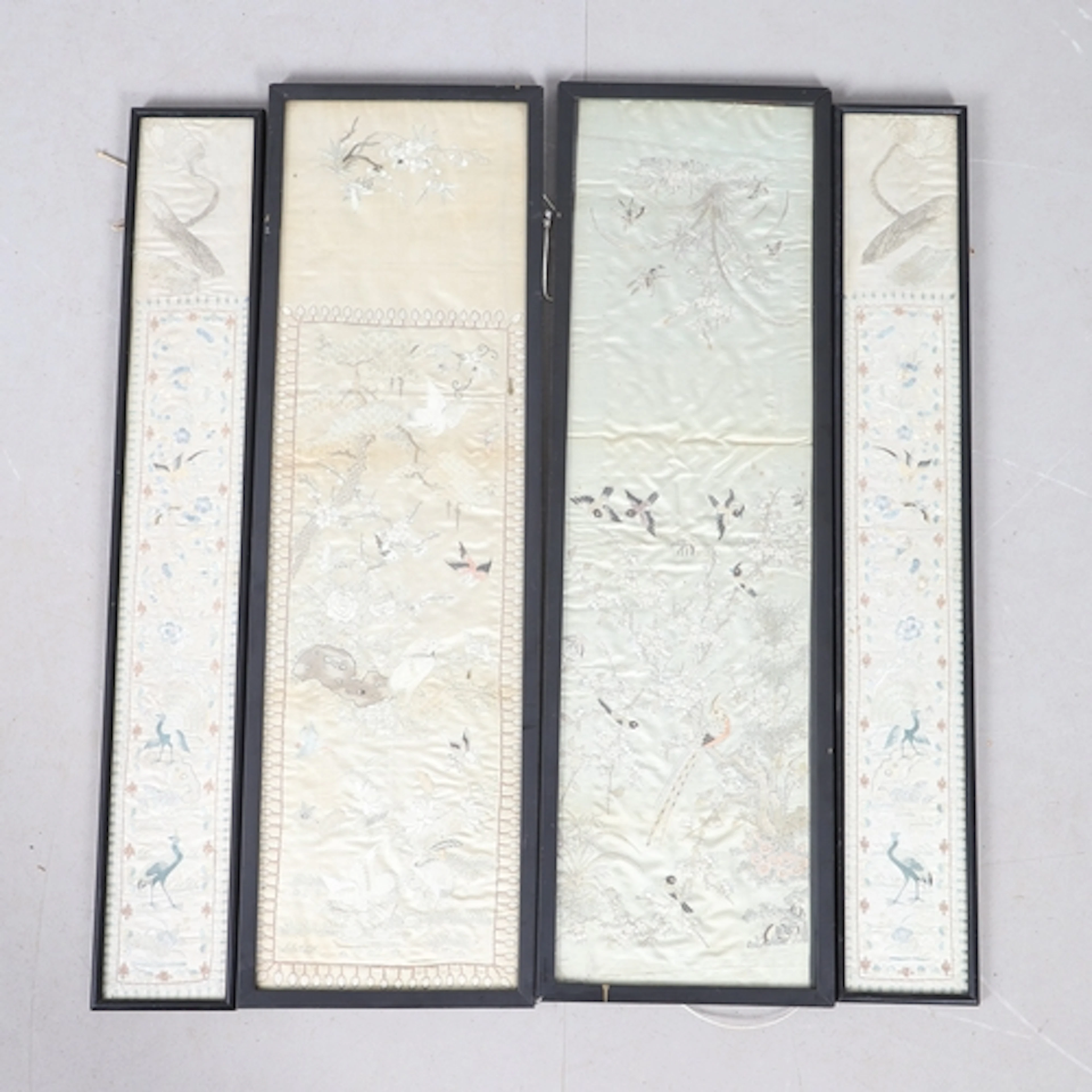 CHINESE SILK EMBROIDERED PANELS. Including two larger silk p...