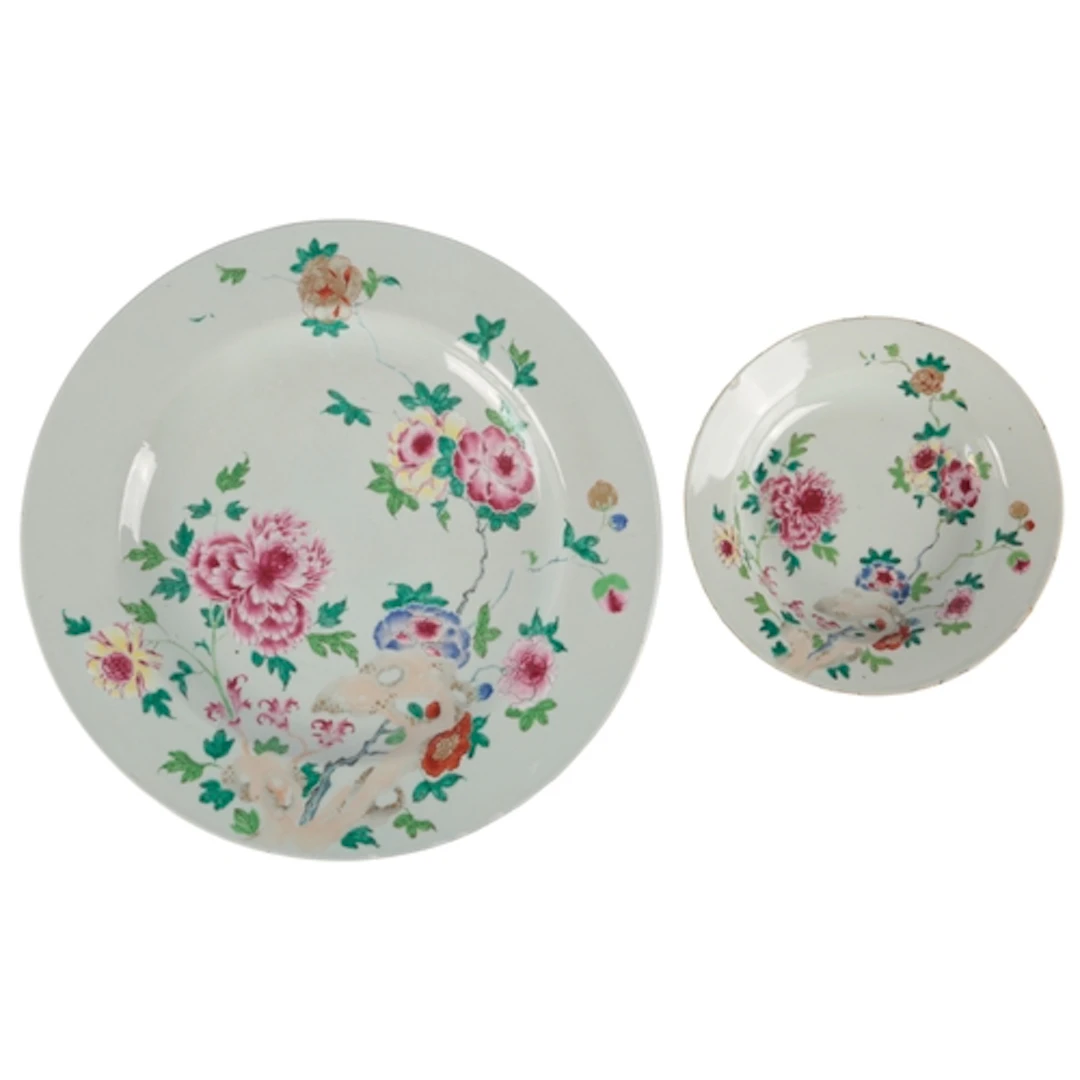 A Chinese famille rose 'peony and rock' dish and similar pla...