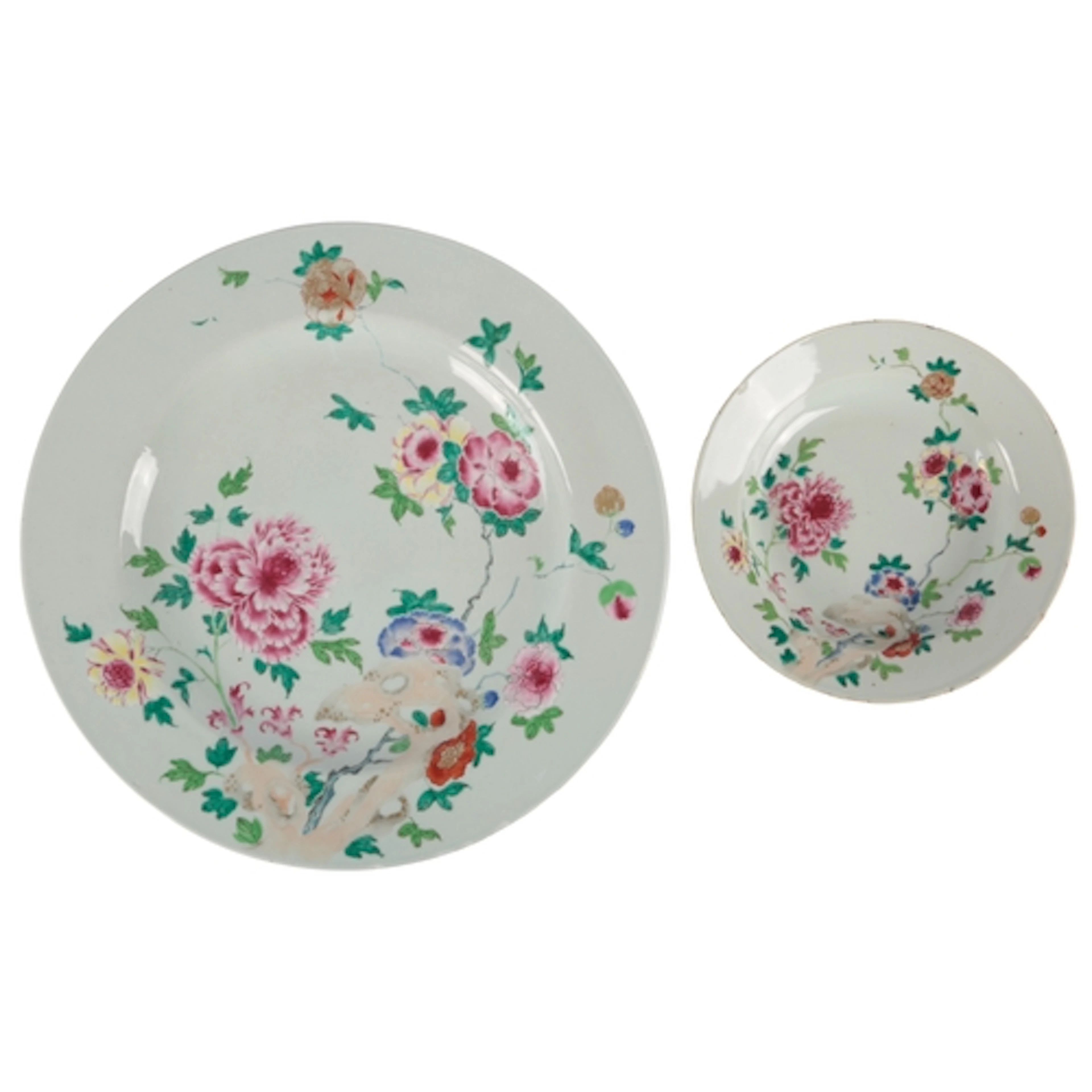 A Chinese famille rose 'peony and rock' dish and similar pla...