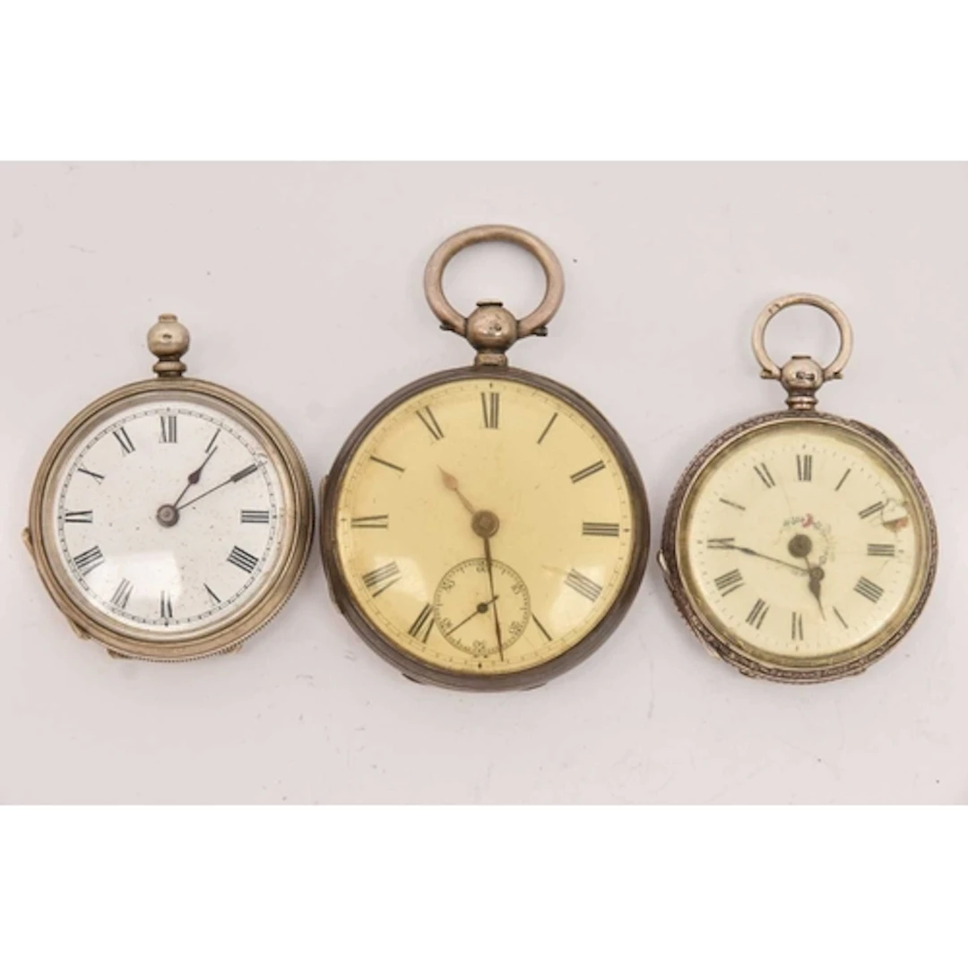 TWO SILVER POCKET WATCHES AND ONE WHITE METAL POCKET WATCH, ...