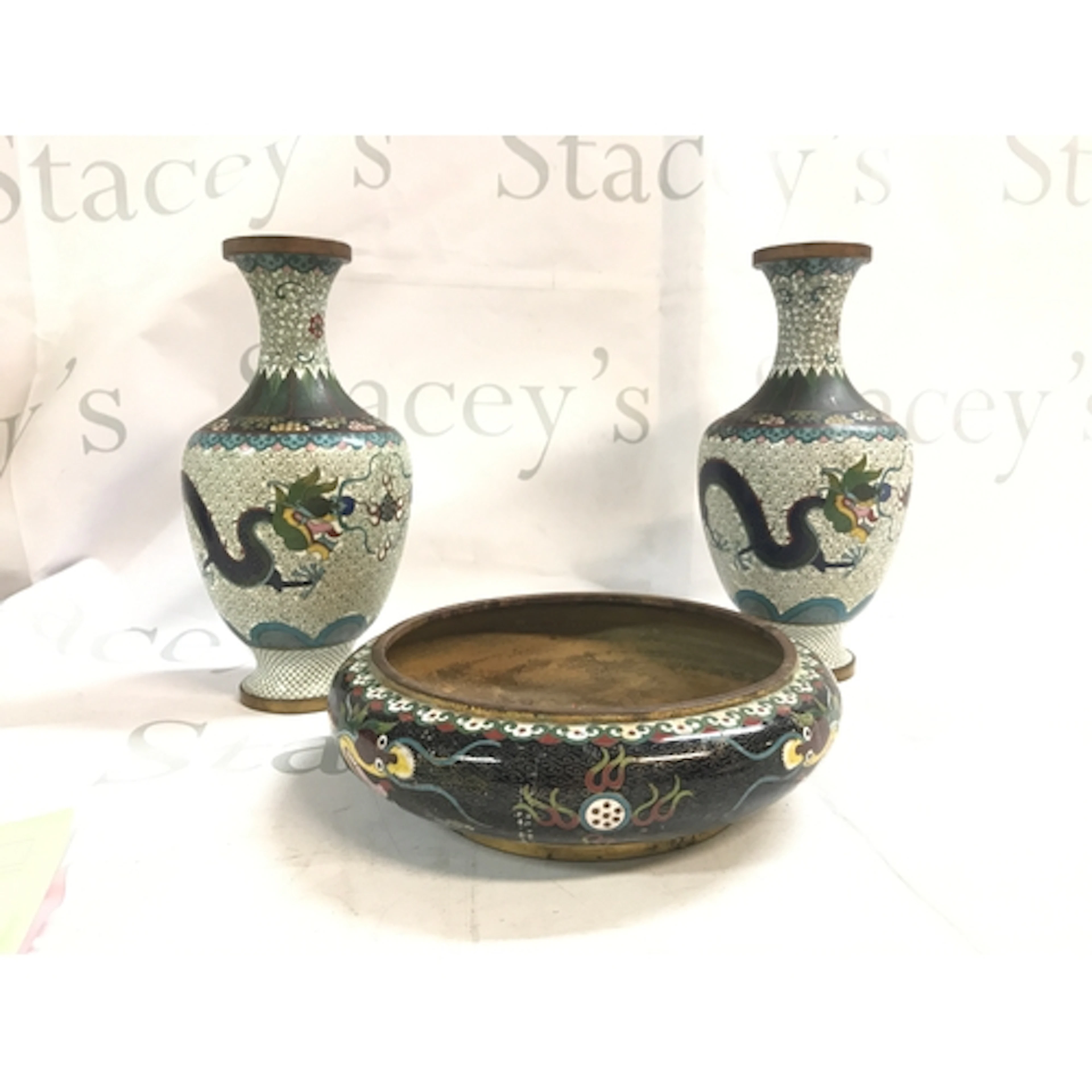 Chinese cloisonné vase 24cm tall and a bowl 20cm wide