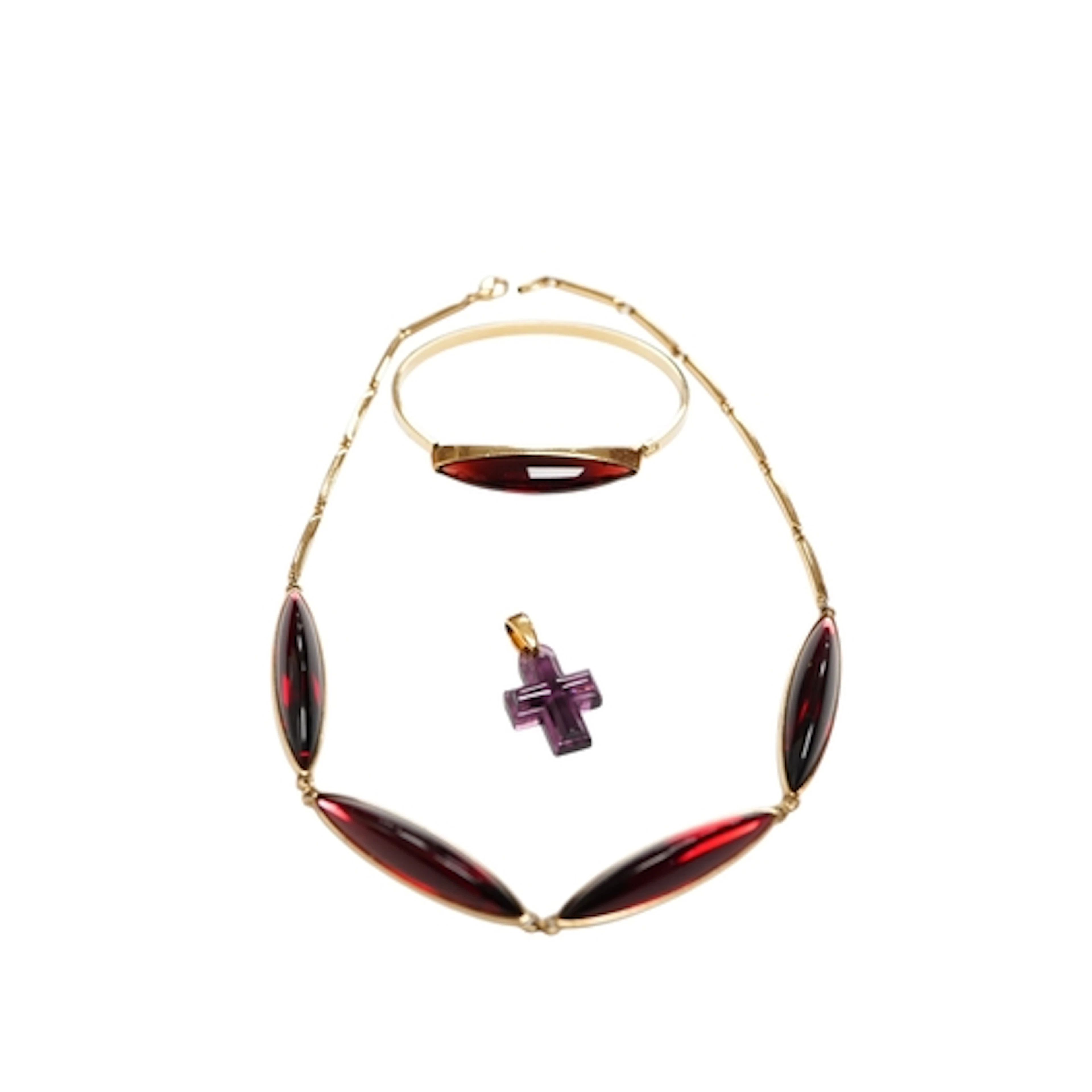 A Lalique gilt metal and red paste bracelet and matching nec...
