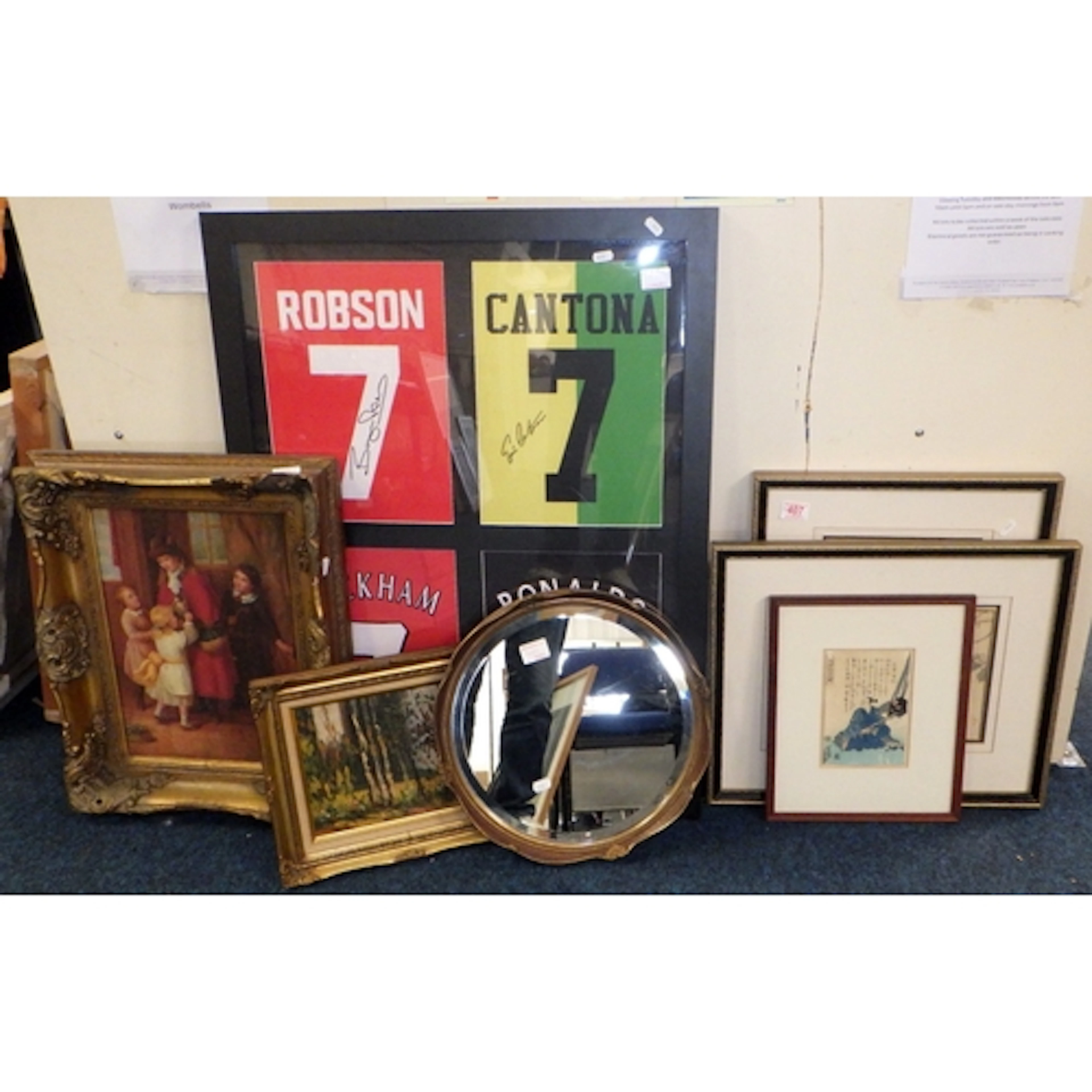 Three Oriental prints together with a reproduction gilt fram...