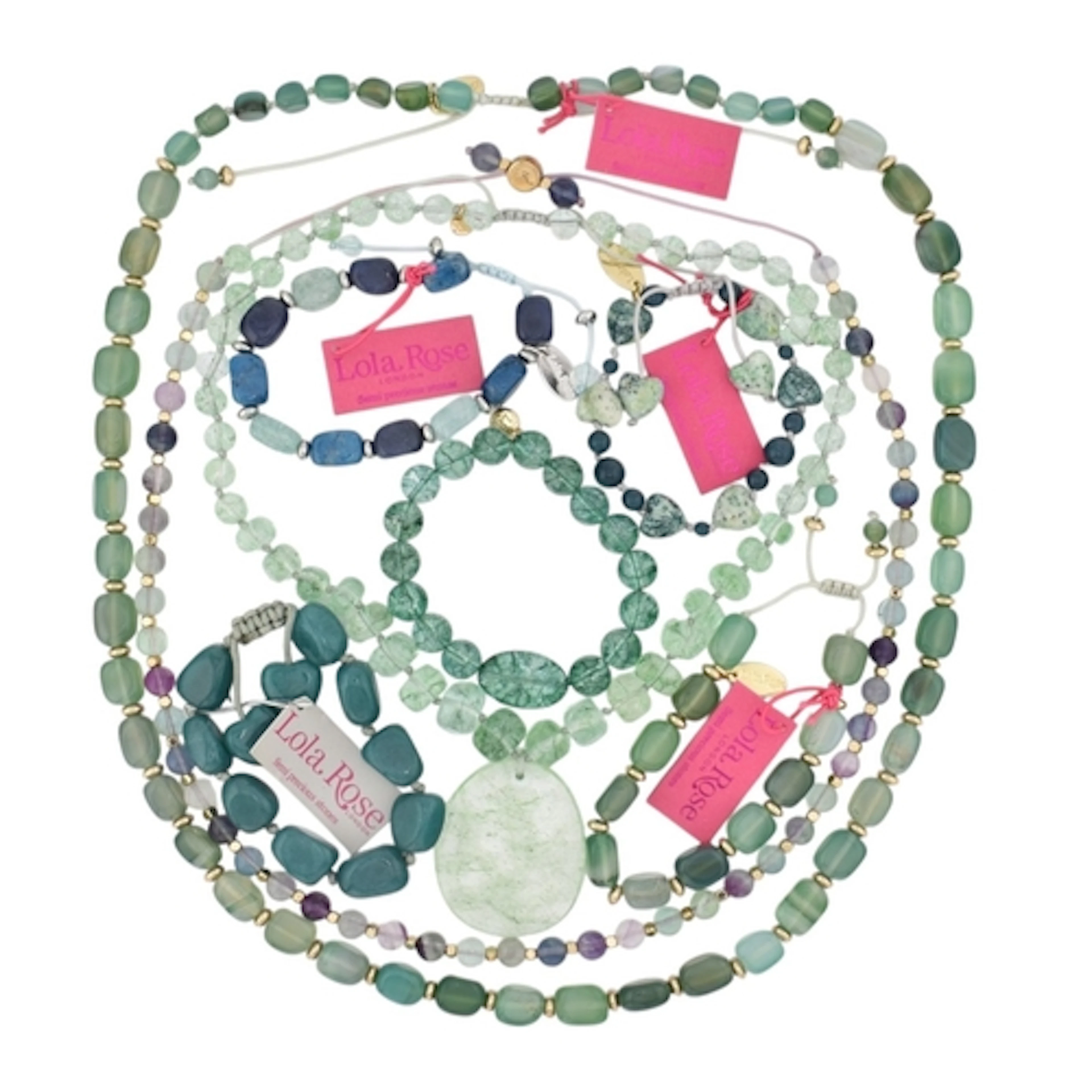 A selection of green and teal Lola Rose jewellery. Seven ite...