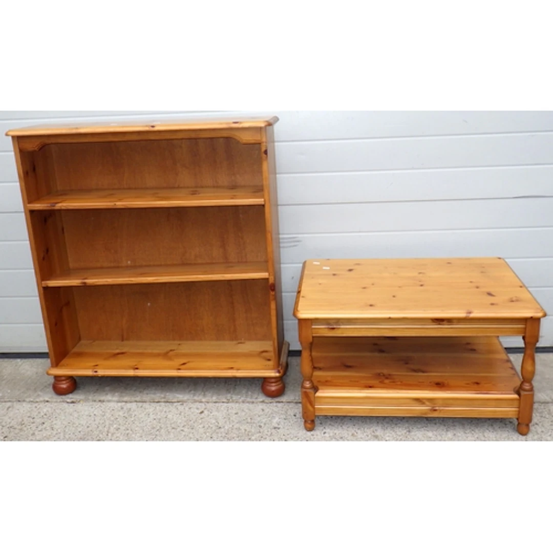 A modern pine low bookcase and a coffee table (2)