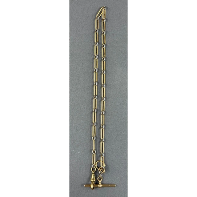 Jewellery: a yellow and white metal open link Albert chain, ...