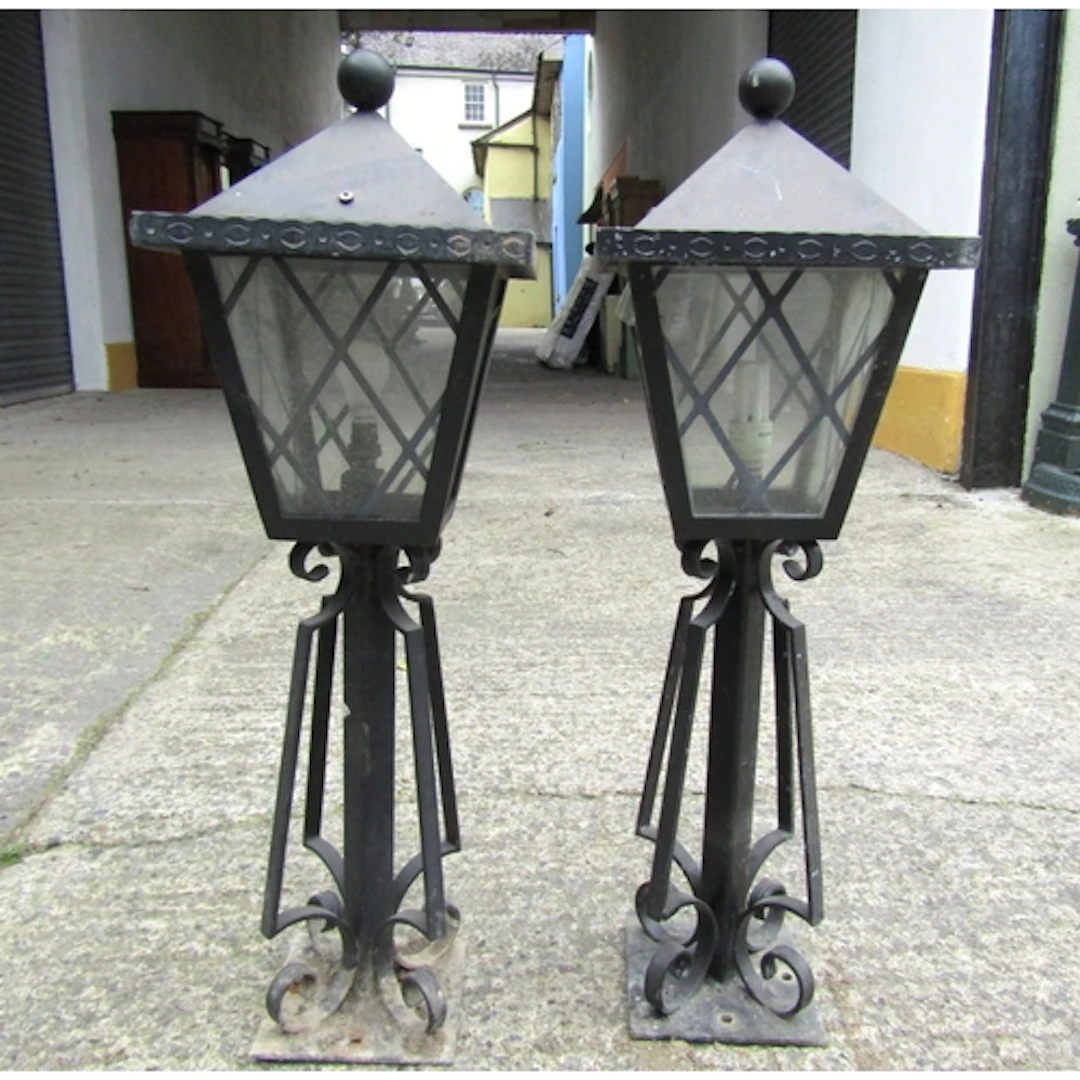 Pair of Wrought Metal Pillar Lanterns Electrified Working Or...