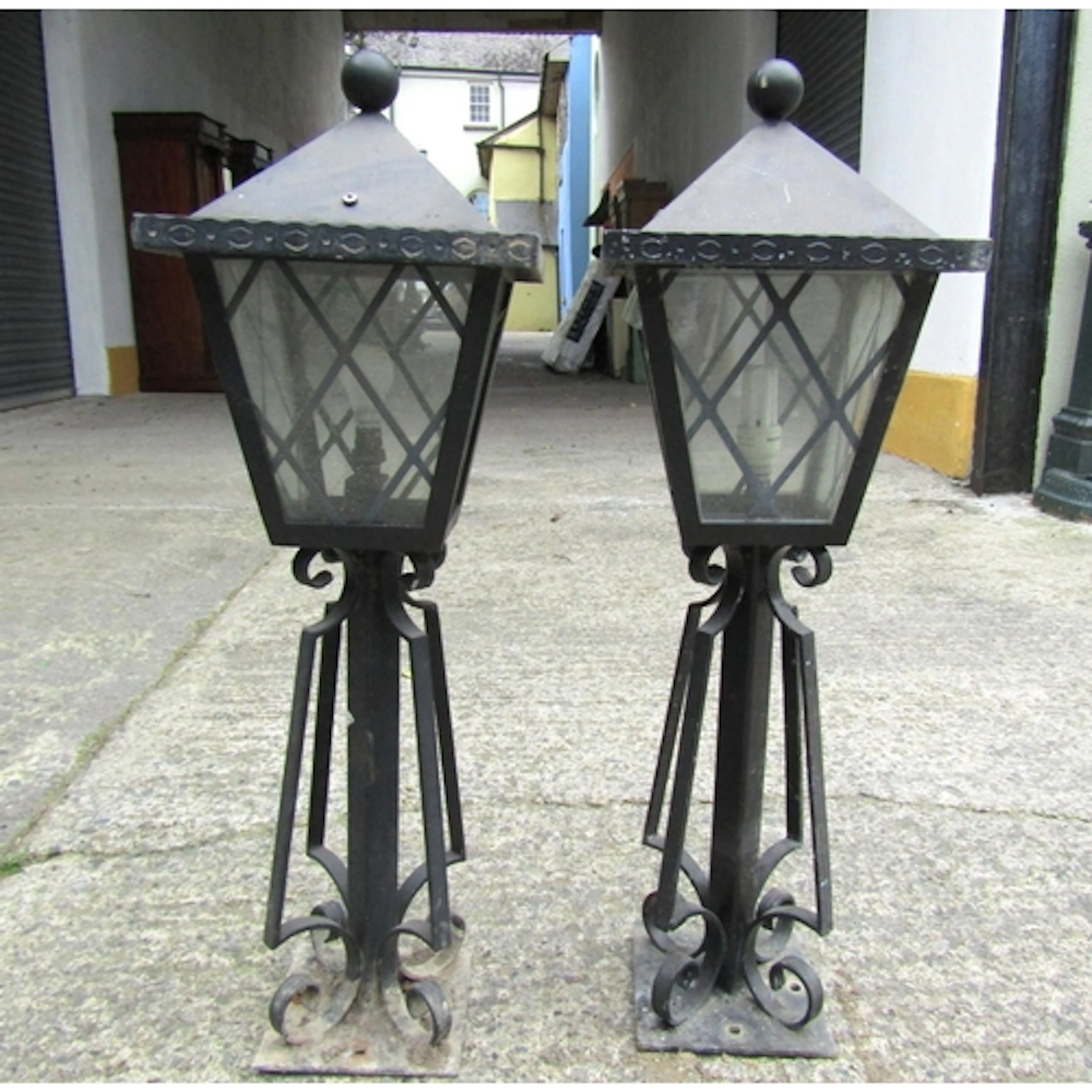 Pair of Wrought Metal Pillar Lanterns Electrified Working Or...