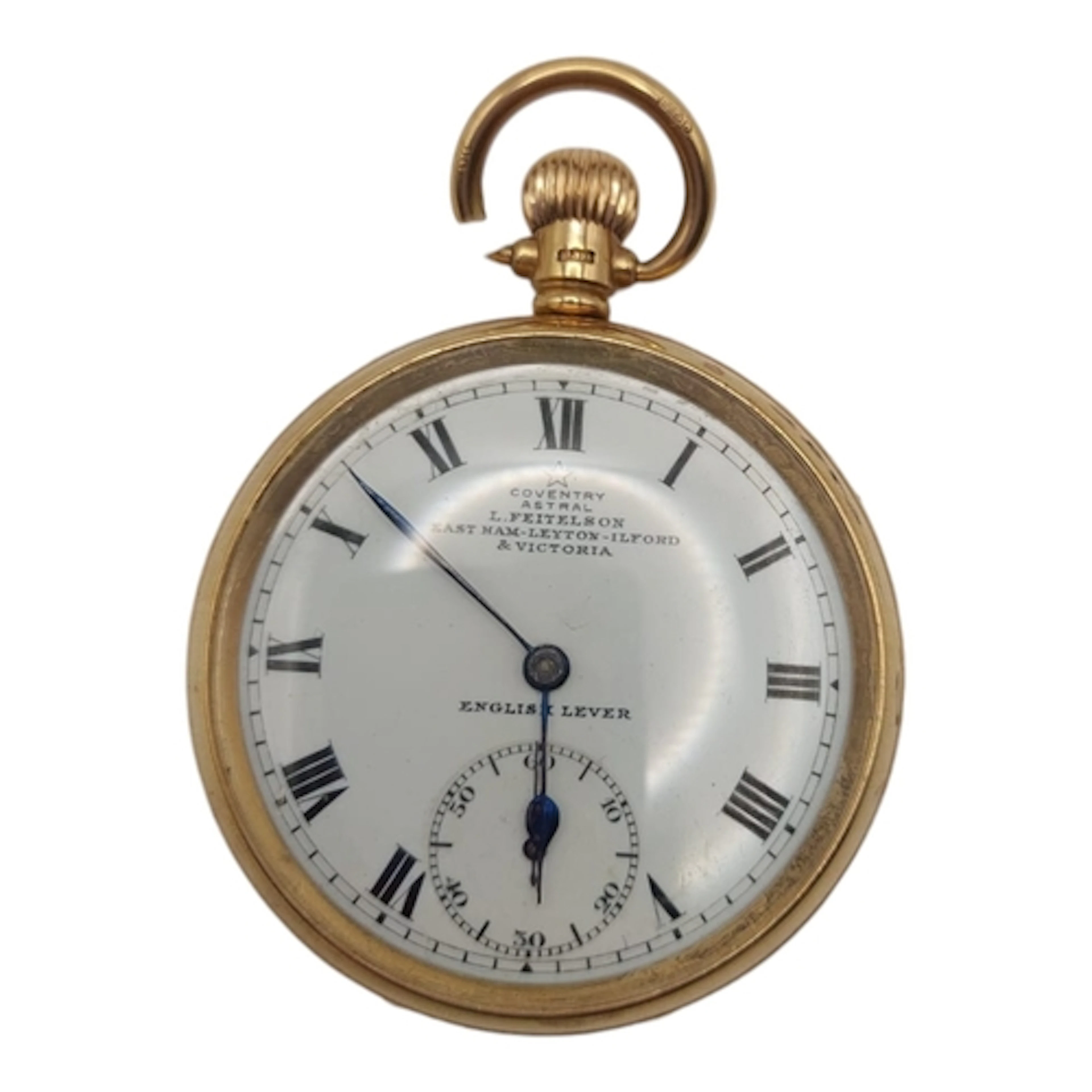 A 9ct yellow gold cased pocket watch, the white dial marked ...