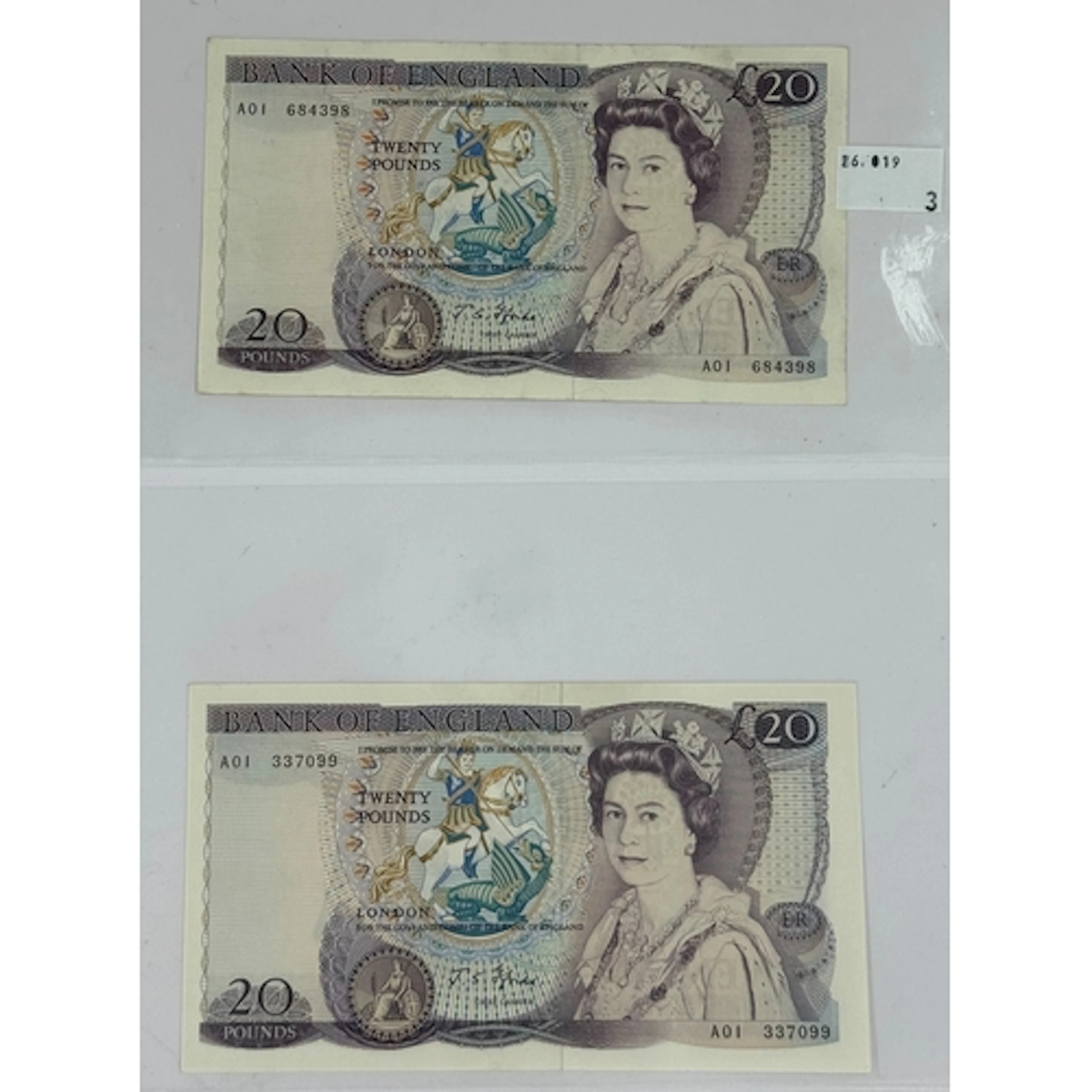 Banknotes: J S Fforde, £20 notes, numbers A01 684398, A01 33...