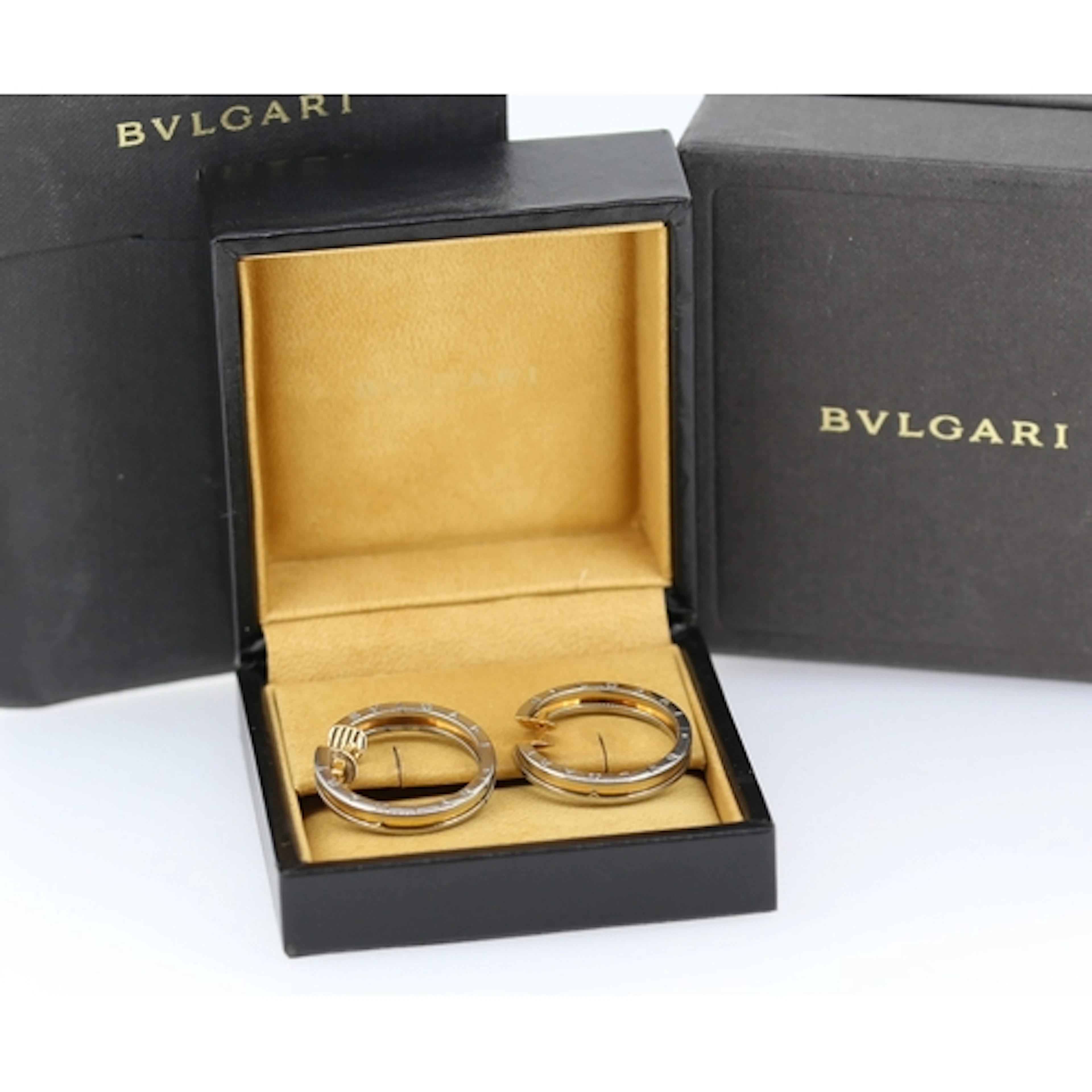 Pair of BVLGARI 18 Carat Yellow and White Gold Hoop Earrings...