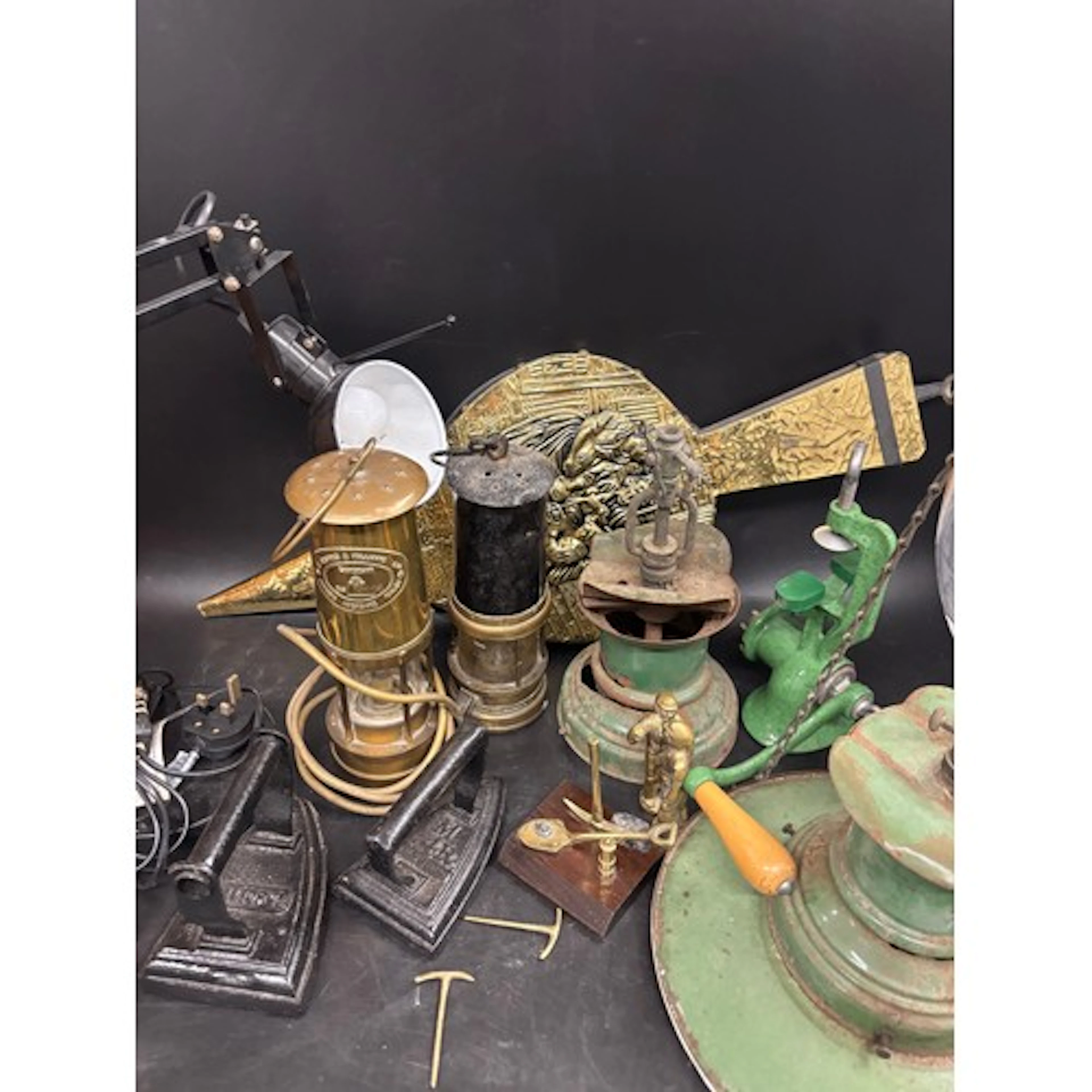A collection of metalware to include two miners lamps a/f, r...