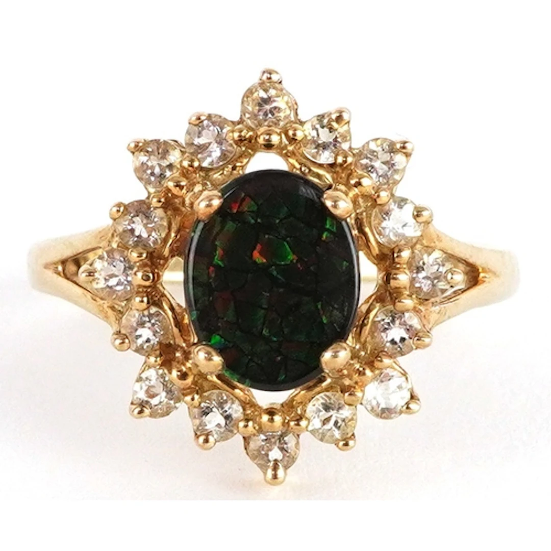 9ct gold green opalescent stone and clear stone cluster ring...