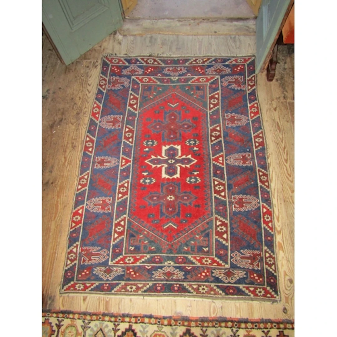 Old Persian Pure Wool Rug Patterned Borders Burgundy and Nav...