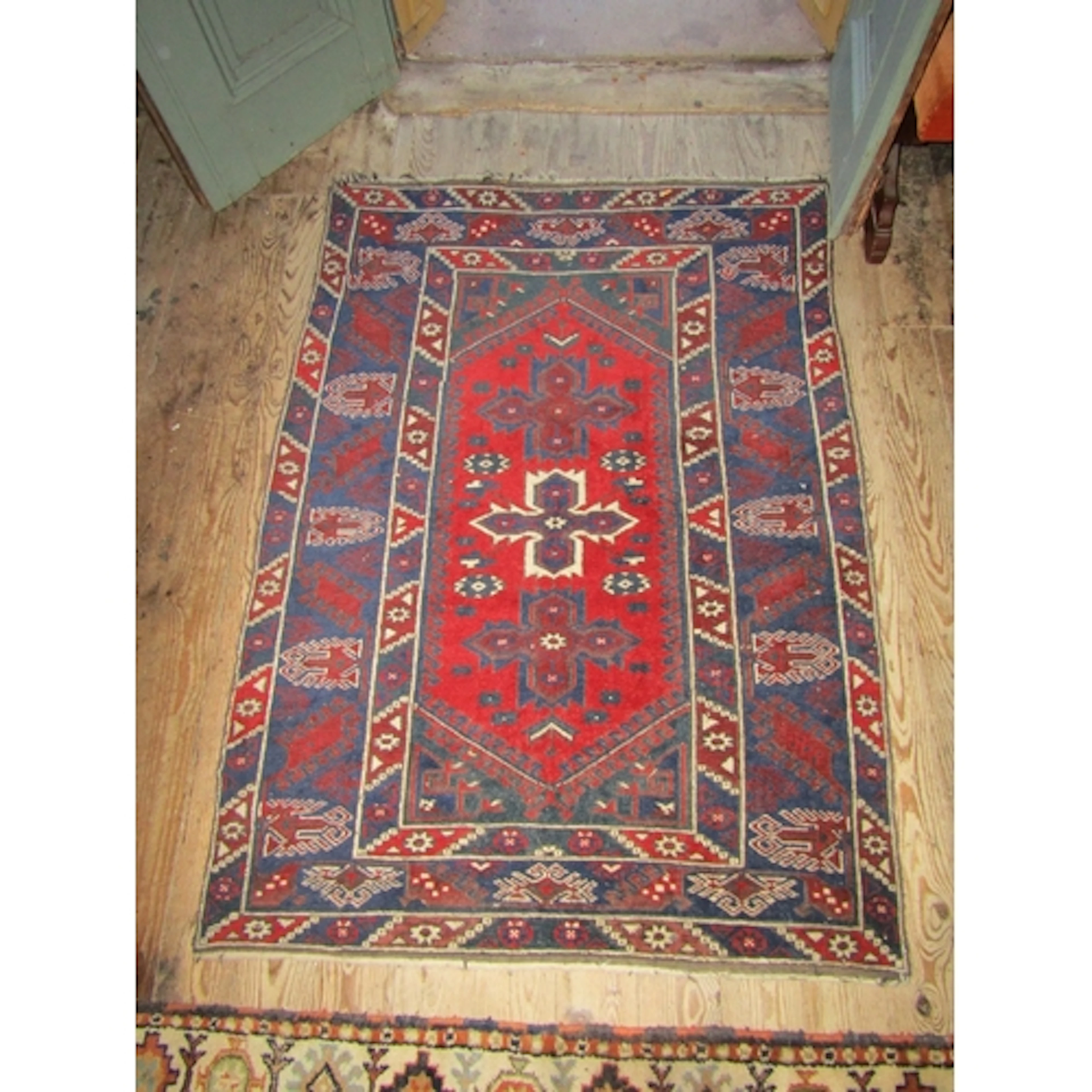 Old Persian Pure Wool Rug Patterned Borders Burgundy and Nav...