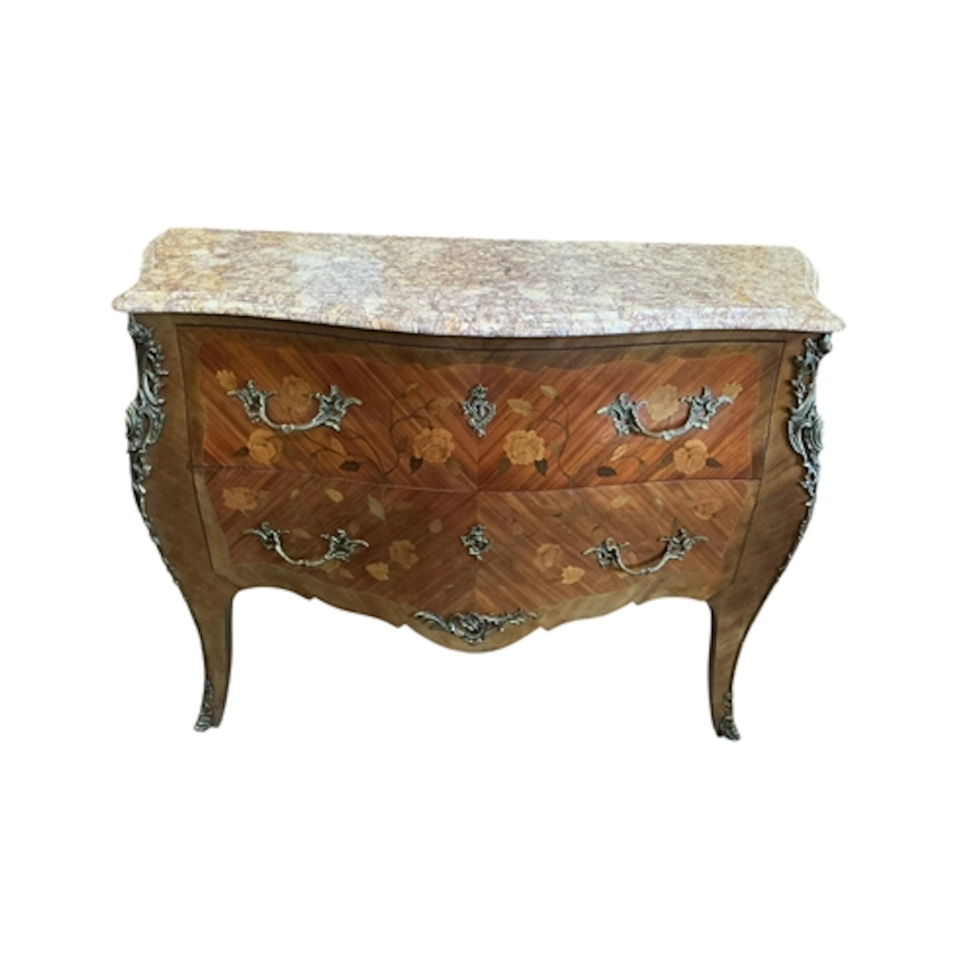Louis XV style inlaid marble top bombe commode, width 123cm,...