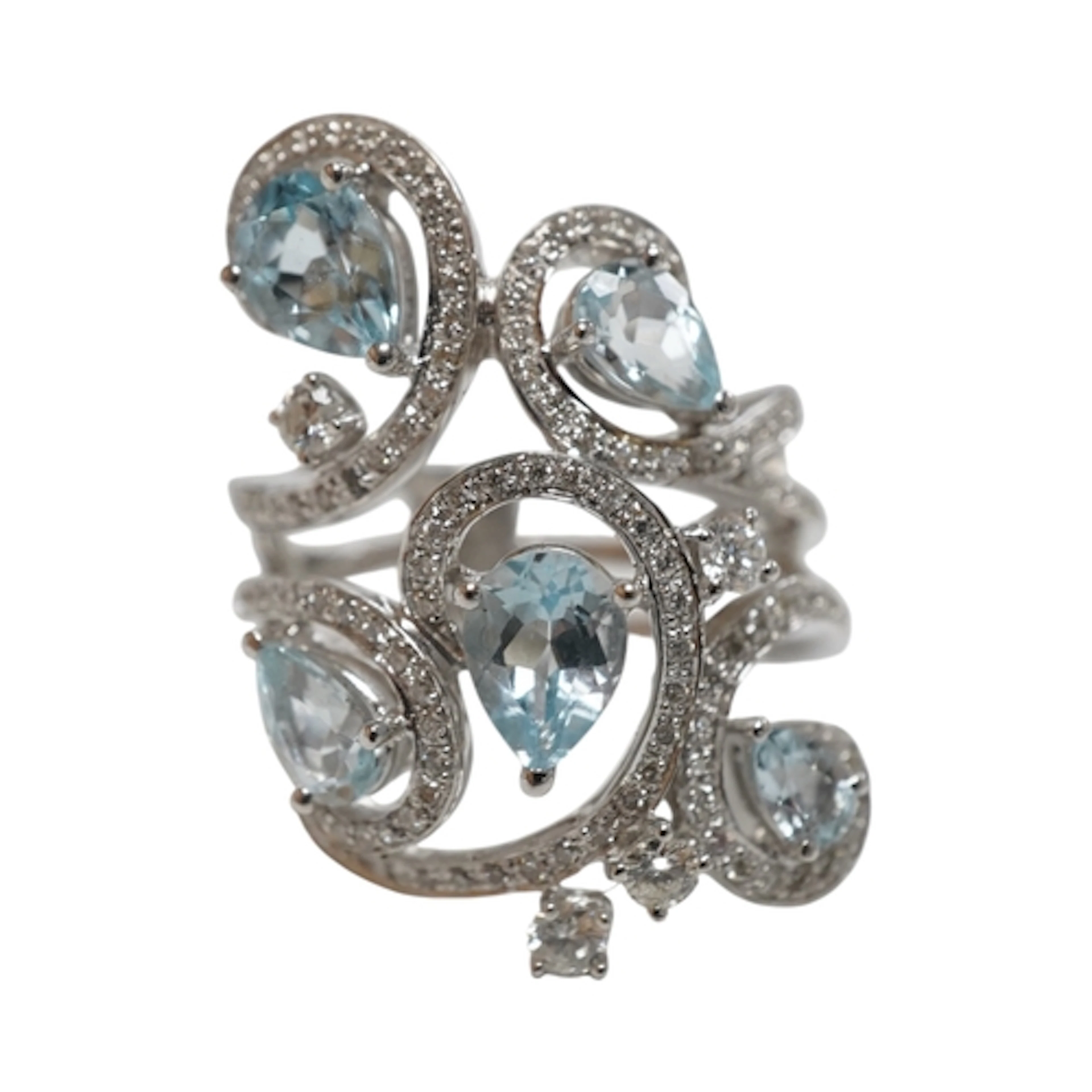 An aquamarine and diamond ring, of foliate scroll design, co...
