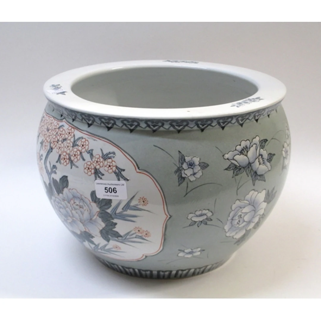 20th Century pottery fishbowl jardinière with floral decorat...
