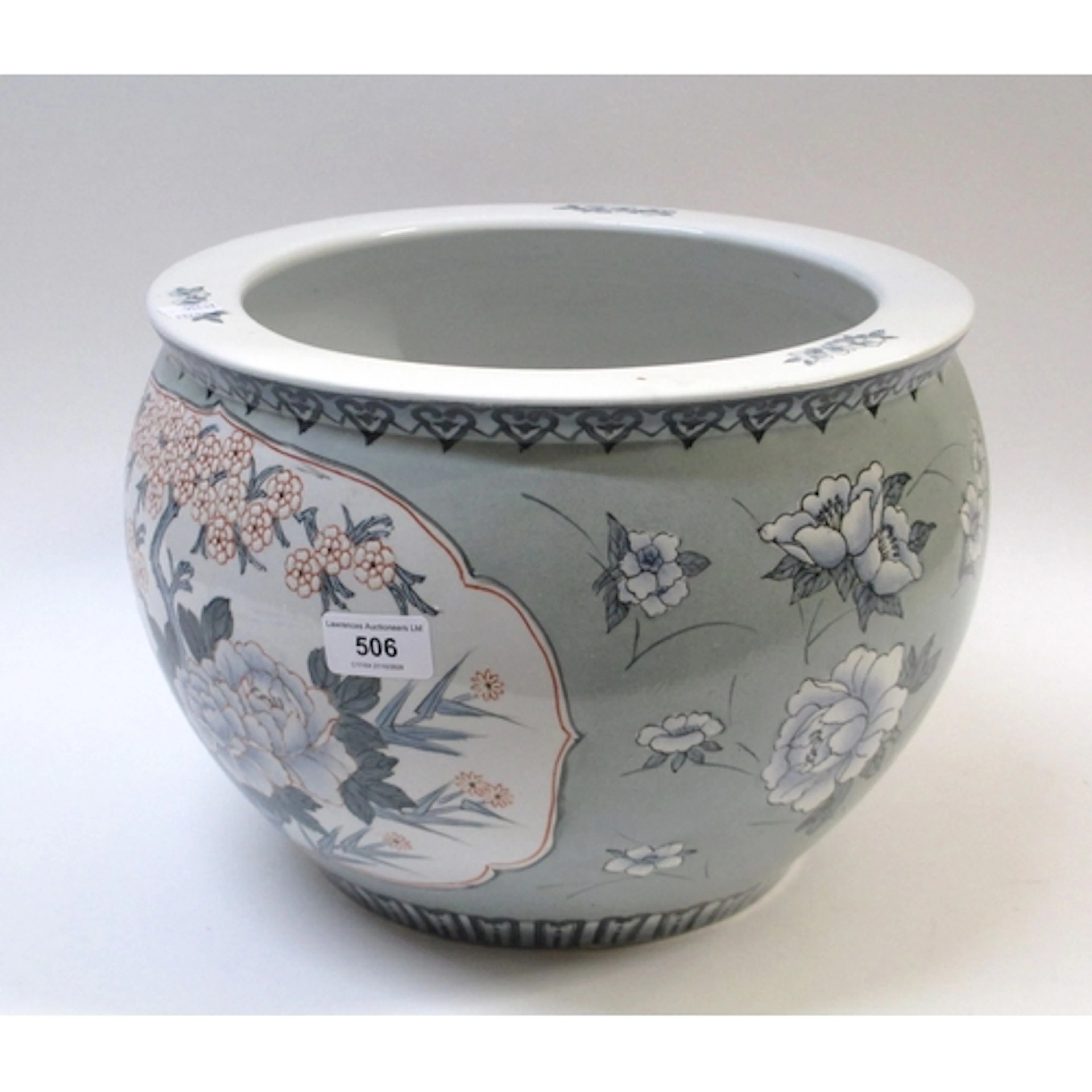 20th Century pottery fishbowl jardinière with floral decorat...